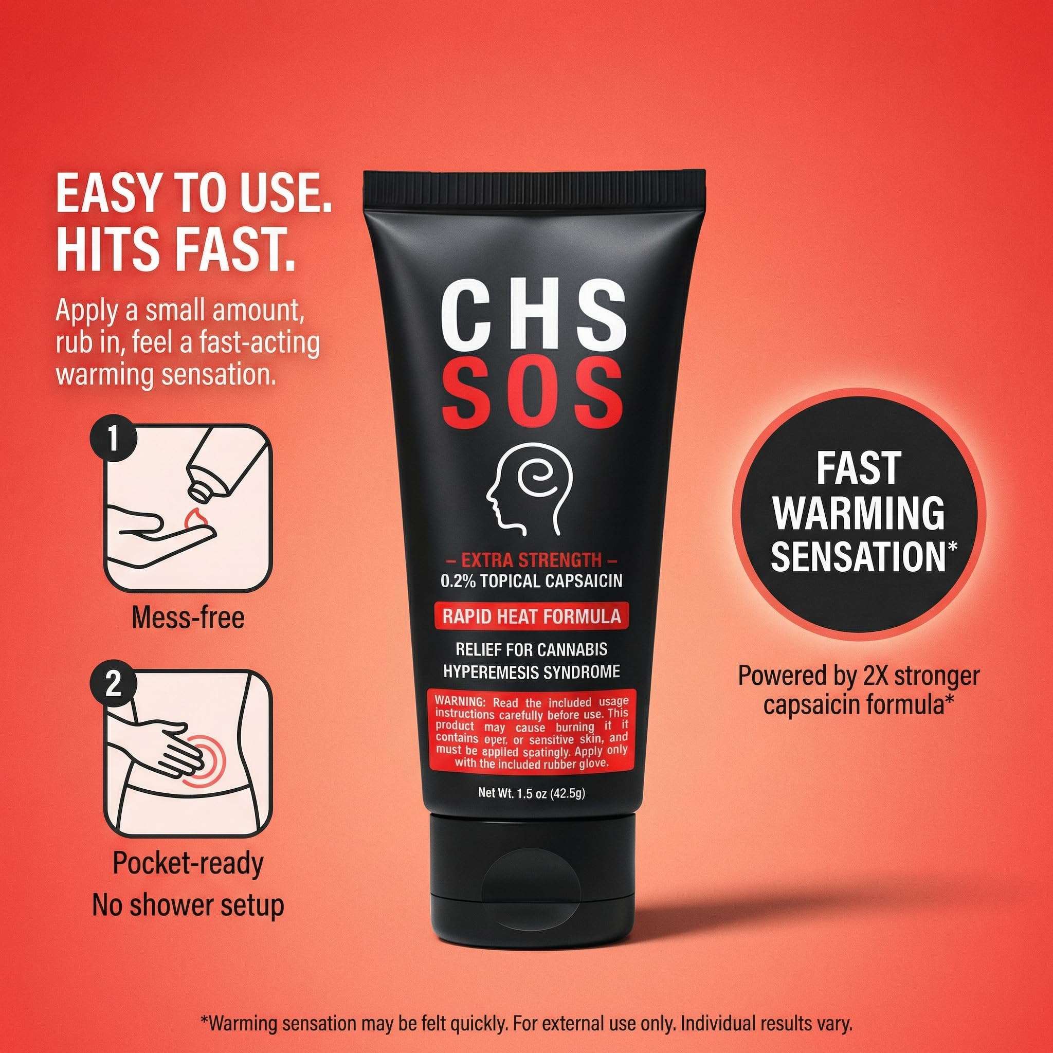 CHS SOS Warming Relief Cream – High Potency Capsaicin Topical for Abdominal & Muscle Discomfort – Soothing Warming Sensation for Targeted Comfort – Fast-Acting, Non-Greasy Formula – 1.5 oz x 2pack - TrustMedUSA