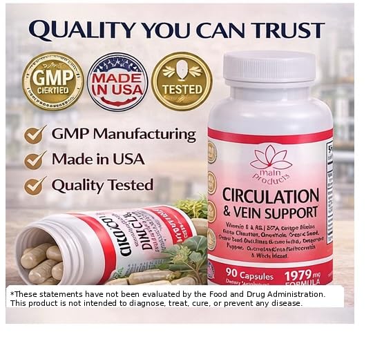 Circulation & Vein Support Supplement - Vitamins E & B3, Ginkgo Biloba, Horse Chestnut, Gotu Kola, Grape Seed, Butcher's Broom & Citrus Bioflavonoids - 1979 mg Formula - 90 Capsules - 30 Days Supply. - TrustMedUSA