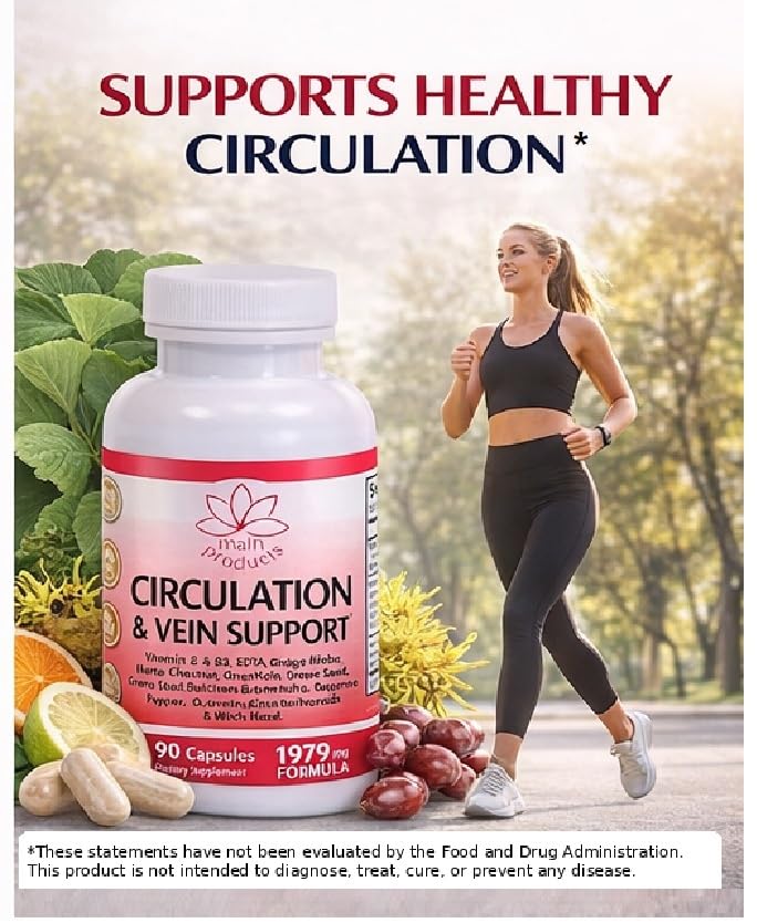 Circulation & Vein Support Supplement - Vitamins E & B3, Ginkgo Biloba, Horse Chestnut, Gotu Kola, Grape Seed, Butcher's Broom & Citrus Bioflavonoids - 1979 mg Formula - 90 Capsules - 30 Days Supply. - TrustMedUSA
