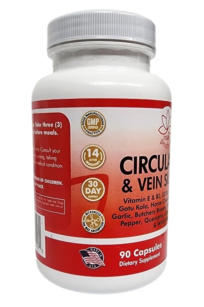 Circulation & Vein Support Supplement - Vitamins E & B3, Ginkgo Biloba, Horse Chestnut, Gotu Kola, Grape Seed, Butcher's Broom & Citrus Bioflavonoids - 1979 mg Formula - 90 Capsules - 30 Days Supply. - TrustMedUSA