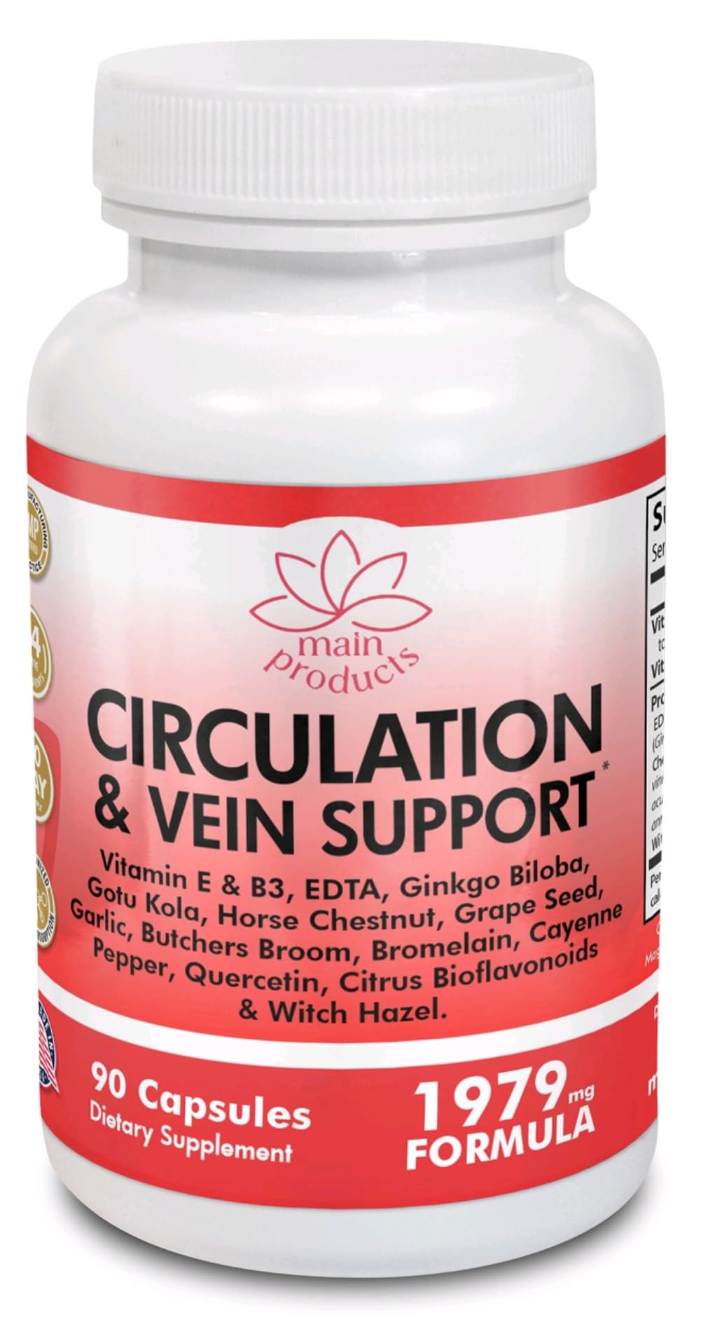 Circulation & Vein Support Supplement - Vitamins E & B3, Ginkgo Biloba, Horse Chestnut, Gotu Kola, Grape Seed, Butcher's Broom & Citrus Bioflavonoids - 1979 mg Formula - 90 Capsules - 30 Days Supply. - TrustMedUSA