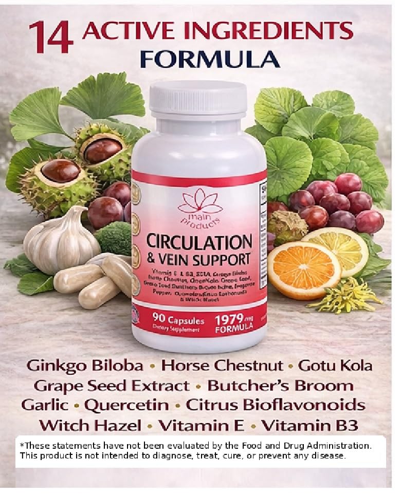 Circulation & Vein Support Supplement - Vitamins E & B3, Ginkgo Biloba, Horse Chestnut, Gotu Kola, Grape Seed, Butcher's Broom & Citrus Bioflavonoids - 1979 mg Formula - 90 Capsules - 30 Days Supply. - TrustMedUSA