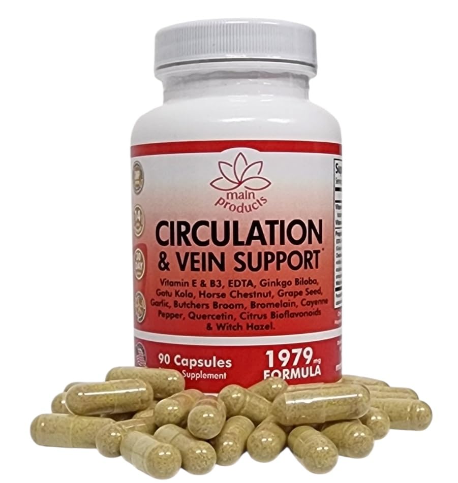 Circulation & Vein Support Supplement - Vitamins E & B3, Ginkgo Biloba, Horse Chestnut, Gotu Kola, Grape Seed, Butcher's Broom & Citrus Bioflavonoids - 1979 mg Formula - 90 Capsules - 30 Days Supply. - TrustMedUSA