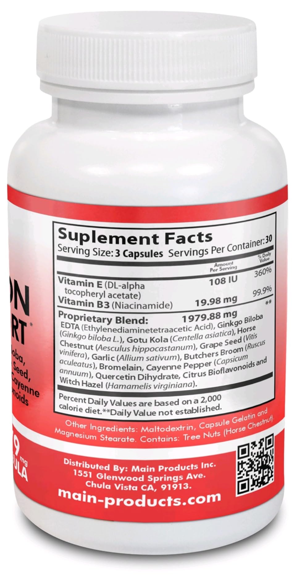 Circulation & Vein Support Supplement - Vitamins E & B3, Ginkgo Biloba, Horse Chestnut, Gotu Kola, Grape Seed, Butcher's Broom & Citrus Bioflavonoids - 1979 mg Formula - 90 Capsules - 30 Days Supply. - TrustMedUSA