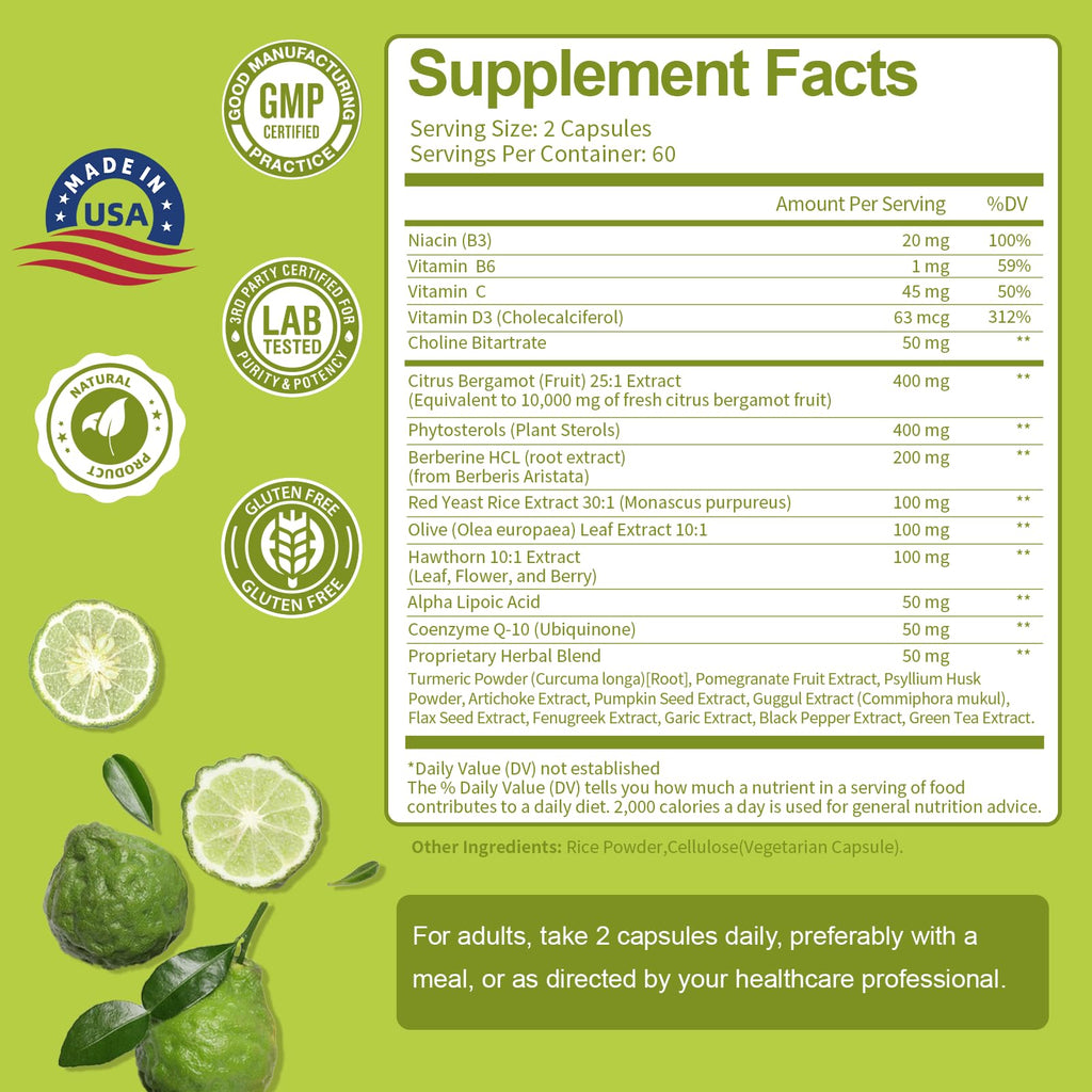 Citrus Bergamot Supplement for High Cholesterol - Italian Citrus Bergamot & Plant Sterols Stanols Natural Way to Balance Cholesterol Level, - TrustMedUSA