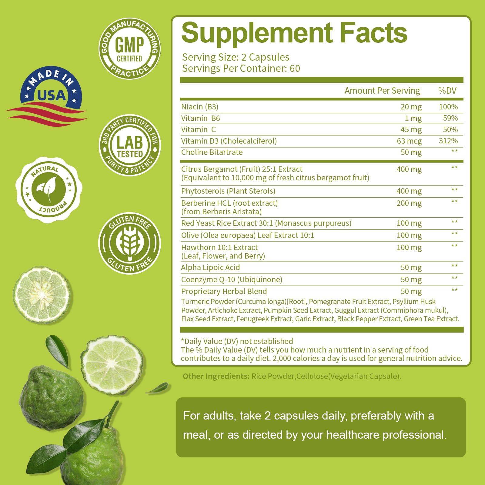 Citrus Bergamot Supplement for High Cholesterol - Italian Citrus Bergamot & Plant Sterols Stanols Natural Way to Balance Cholesterol Level, - TrustMedUSA