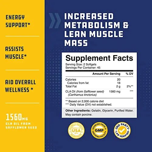 CLA Diet Weight Loss Pills - Women and Men - Pure Conjugated Linoleic Acid - Safflower - TrustMedUSA
