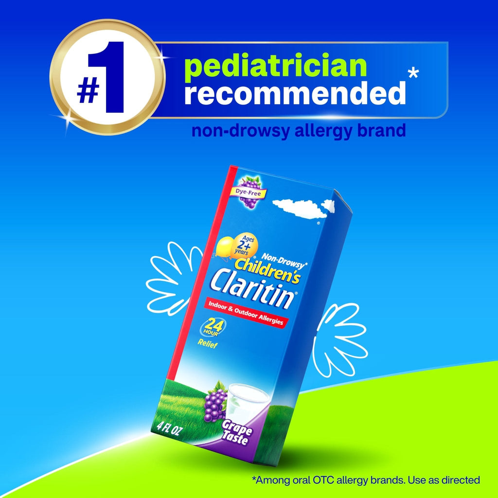 Claritin Children's Allergy Medicine, 24-Hour Non-Drowsy Loratadine 5mg, Antihistamine Liquid for Kids Aged 2 Years and Older, Grape Flavored, Dye-free, 8 fl oz. - Maple Wellness Supplements