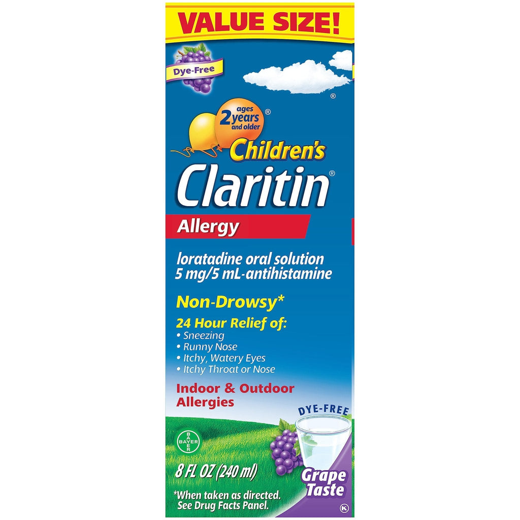 Claritin Children's Allergy Medicine, 24-Hour Non-Drowsy Loratadine 5mg, Antihistamine Liquid for Kids Aged 2 Years and Older, Grape Flavored, Dye-free, 8 fl oz. - Maple Wellness Supplements