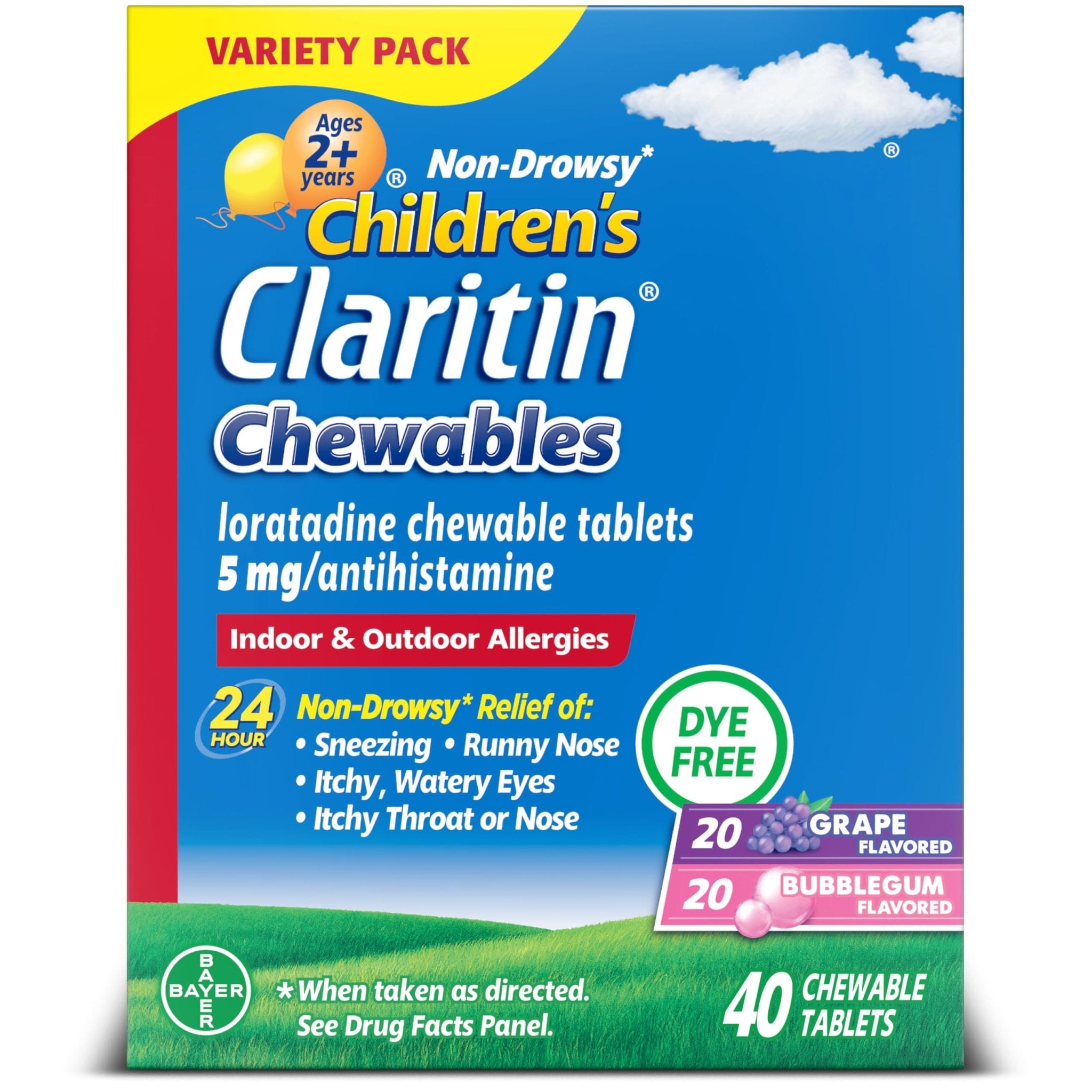 Claritin Children's Allergy Medicine, 24-Hour Non-Drowsy Loratadine 5mg Chewable Tablet, Antihistamine for Kids Ages 2 Years and Older, Grape & Bubble Gum Flavors, Dye-Free, 40 Tablets - Maple Wellness Supplements