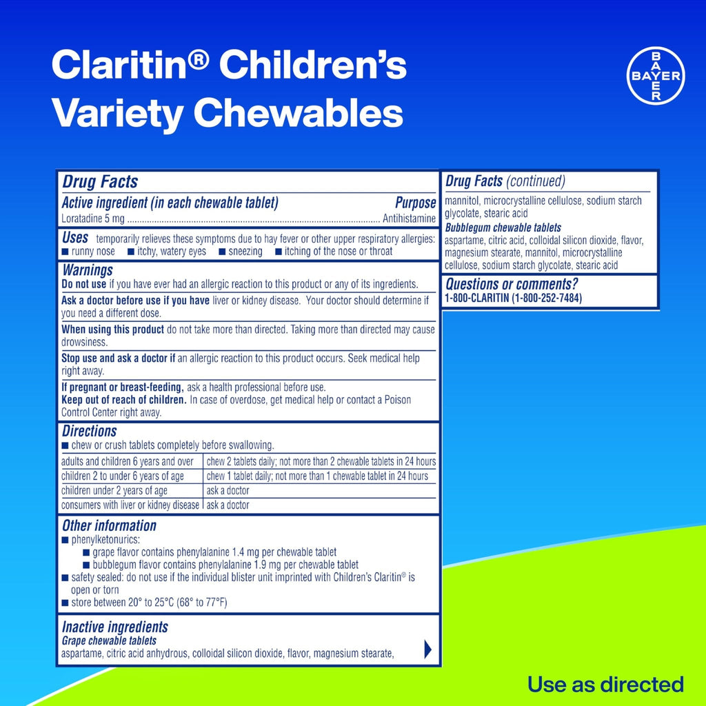 Claritin Children's Allergy Medicine, 24-Hour Non-Drowsy Loratadine 5mg Chewable Tablet, Antihistamine for Kids Ages 2 Years and Older, Grape & Bubble Gum Flavors, Dye-Free, 40 Tablets - Maple Wellness Supplements
