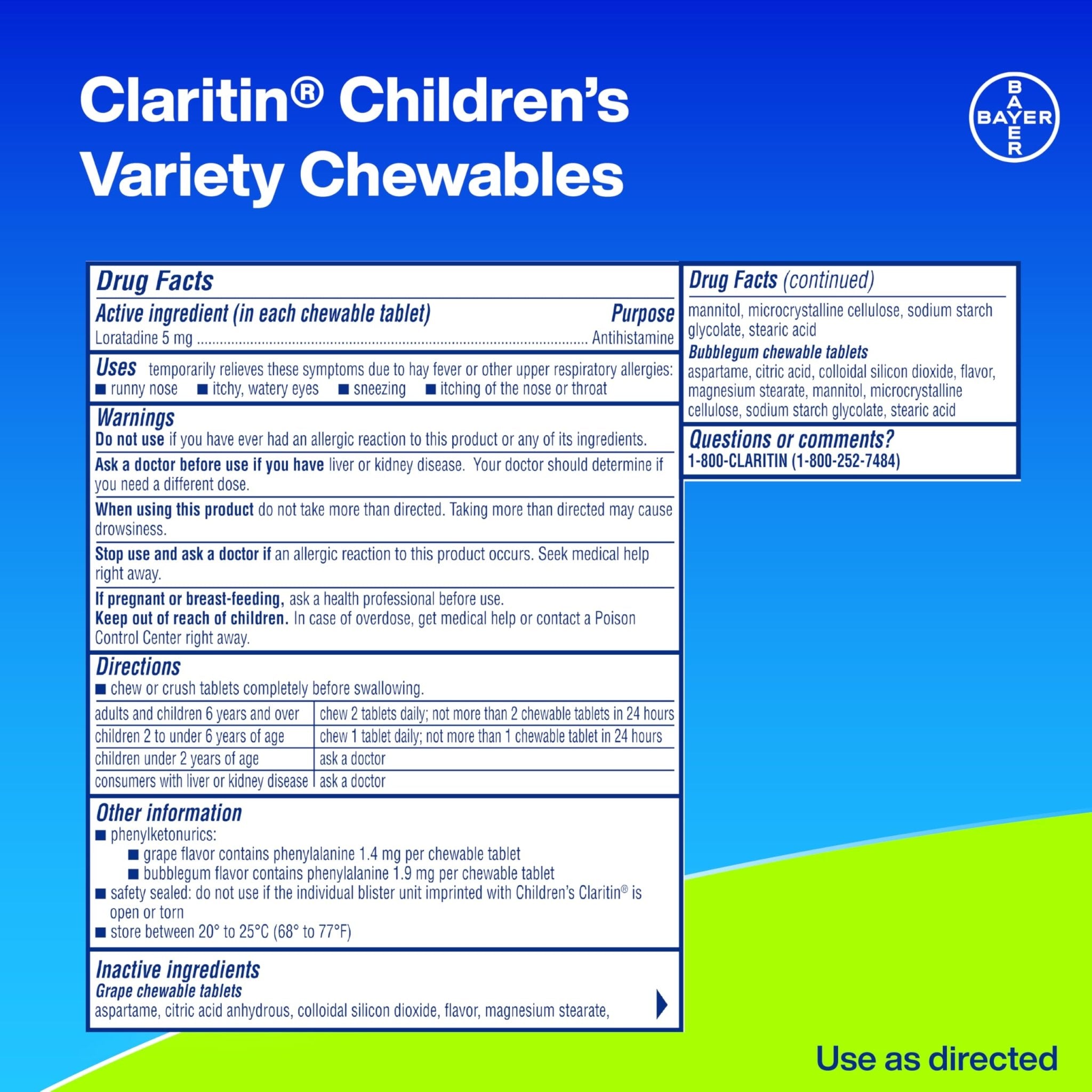 Claritin Children's Allergy Medicine, 24-Hour Non-Drowsy Loratadine 5mg Chewable Tablet, Antihistamine for Kids Ages 2 Years and Older, Grape & Bubble Gum Flavors, Dye-Free, 40 Tablets - Maple Wellness Supplements