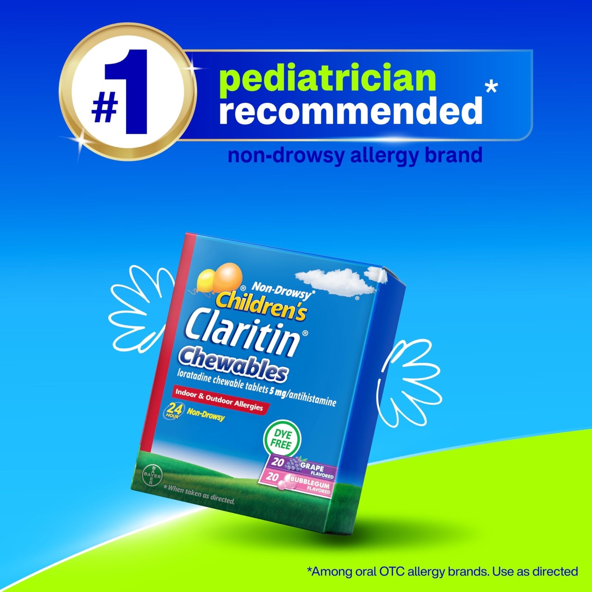 Claritin Children's Allergy Medicine, 24-Hour Non-Drowsy Loratadine 5mg Chewable Tablet, Antihistamine for Kids Ages 2 Years and Older, Grape & Bubble Gum Flavors, Dye-Free, 40 Tablets - Maple Wellness Supplements
