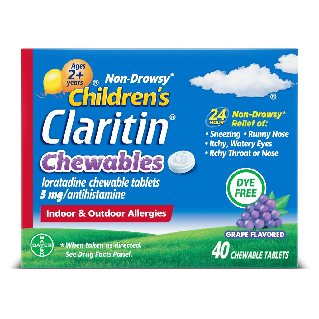 Claritin Children's Allergy Medicine, 24-Hour Non-Drowsy Loratadine 5mg Chewable Tablet, Antihistamine for Kids Ages 2 Years and Older, Grape Flavored, Dye-free, 40 Tablets - Maple Wellness Supplements