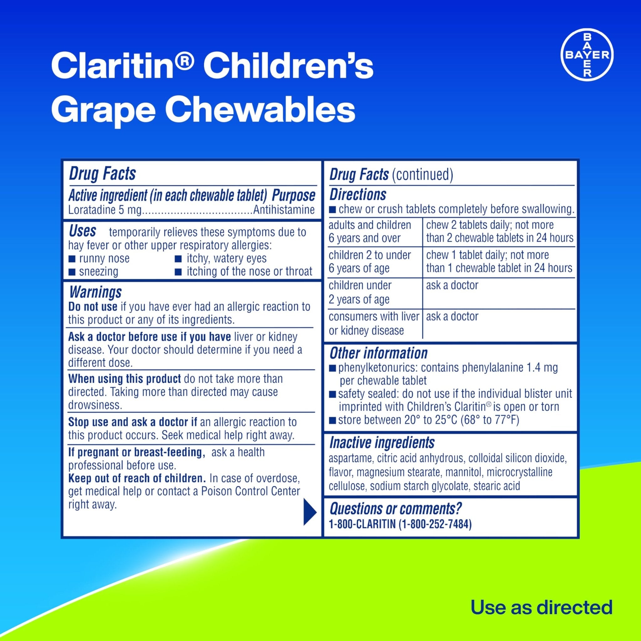 Claritin Children's Allergy Medicine, 24-Hour Non-Drowsy Loratadine 5mg Chewable Tablet, Antihistamine for Kids Ages 2 Years and Older, Grape Flavored, Dye-free, 40 Tablets - Maple Wellness Supplements