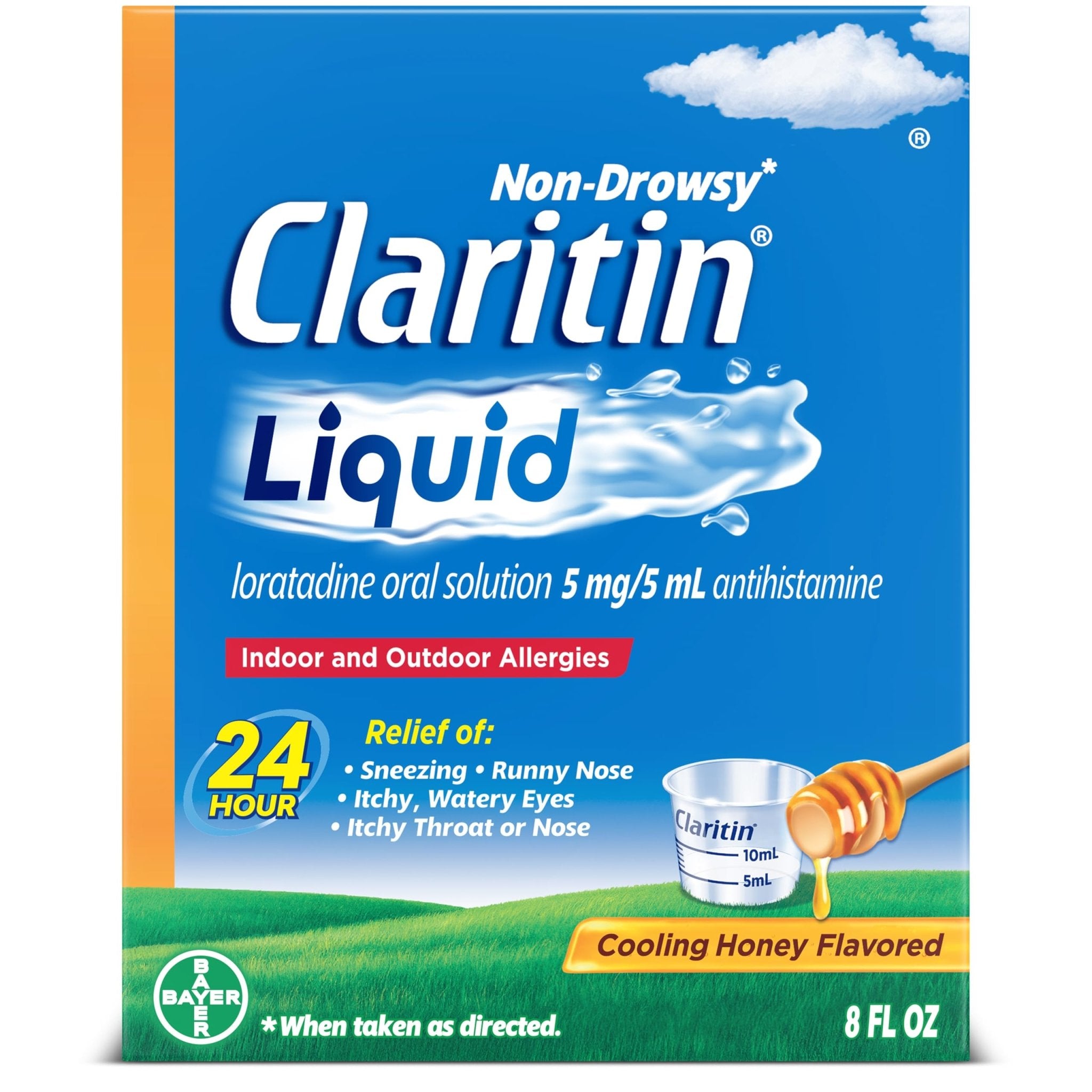 Claritin® Liquid, Allergy Medicine for Adults, 24-Hour Non-Drowsy Loratadine 5mg, Antihistamine, Cooling Honey Flavored, 8 fl. oz - Maple Wellness Supplements