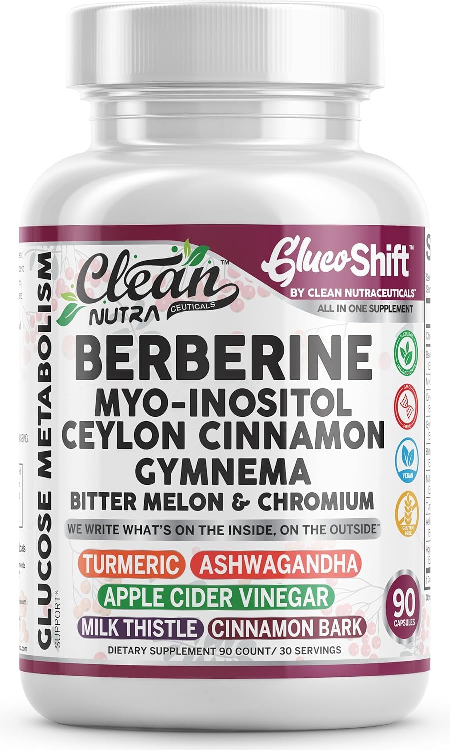 Clean Nutra Berberine Supplement Myo-Inositol Ceylon Cinnamon Gymnema Bitter Melon Chromium Complex for Digestion, Antioxidant Support & Wellness 90 Vegan Capsules Non-GMO - TrustMedUSA