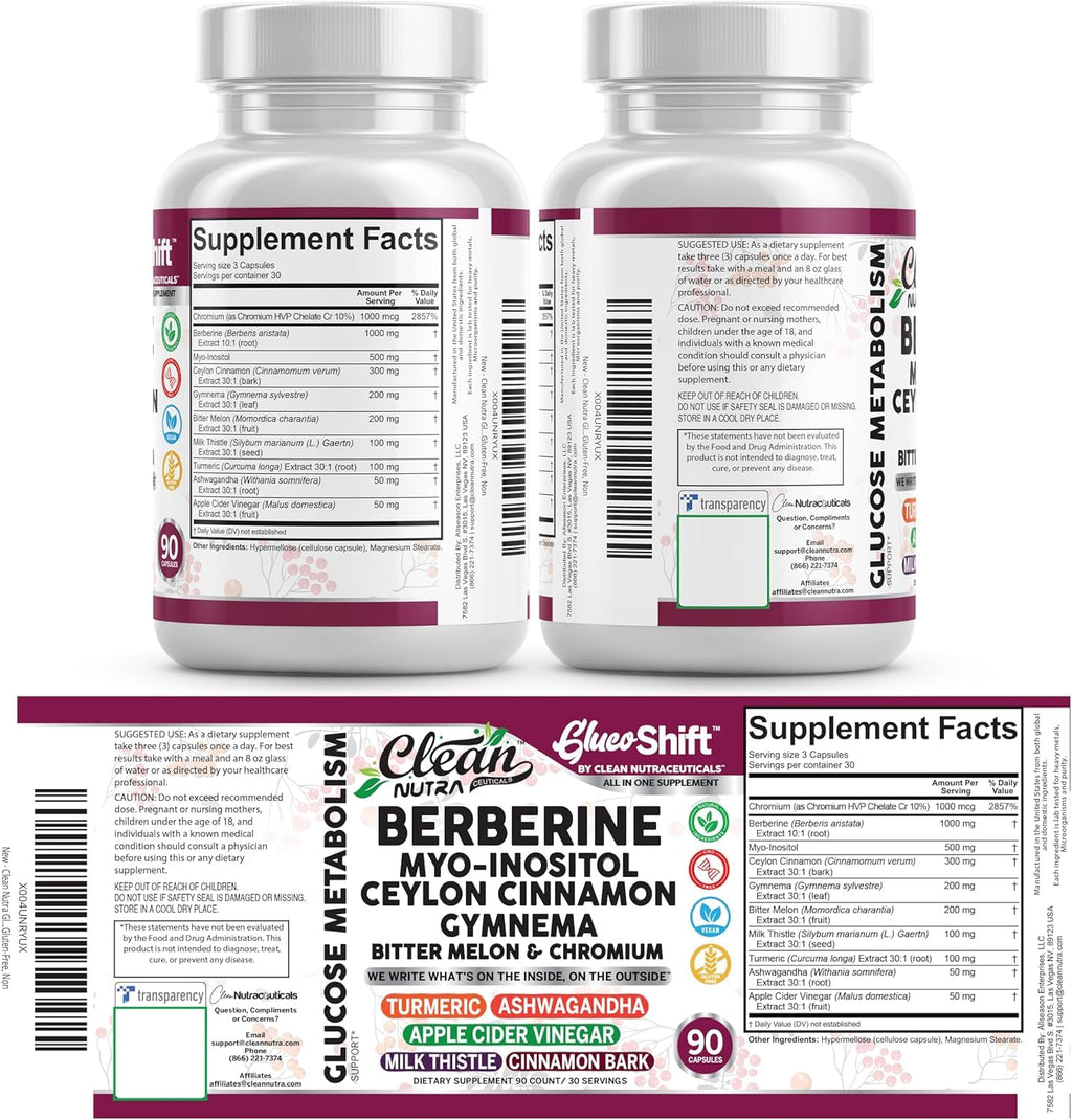 Clean Nutra Berberine Supplement Myo-Inositol Ceylon Cinnamon Gymnema Bitter Melon Chromium Complex for Digestion, Antioxidant Support & Wellness 90 Vegan Capsules Non-GMO - TrustMedUSA
