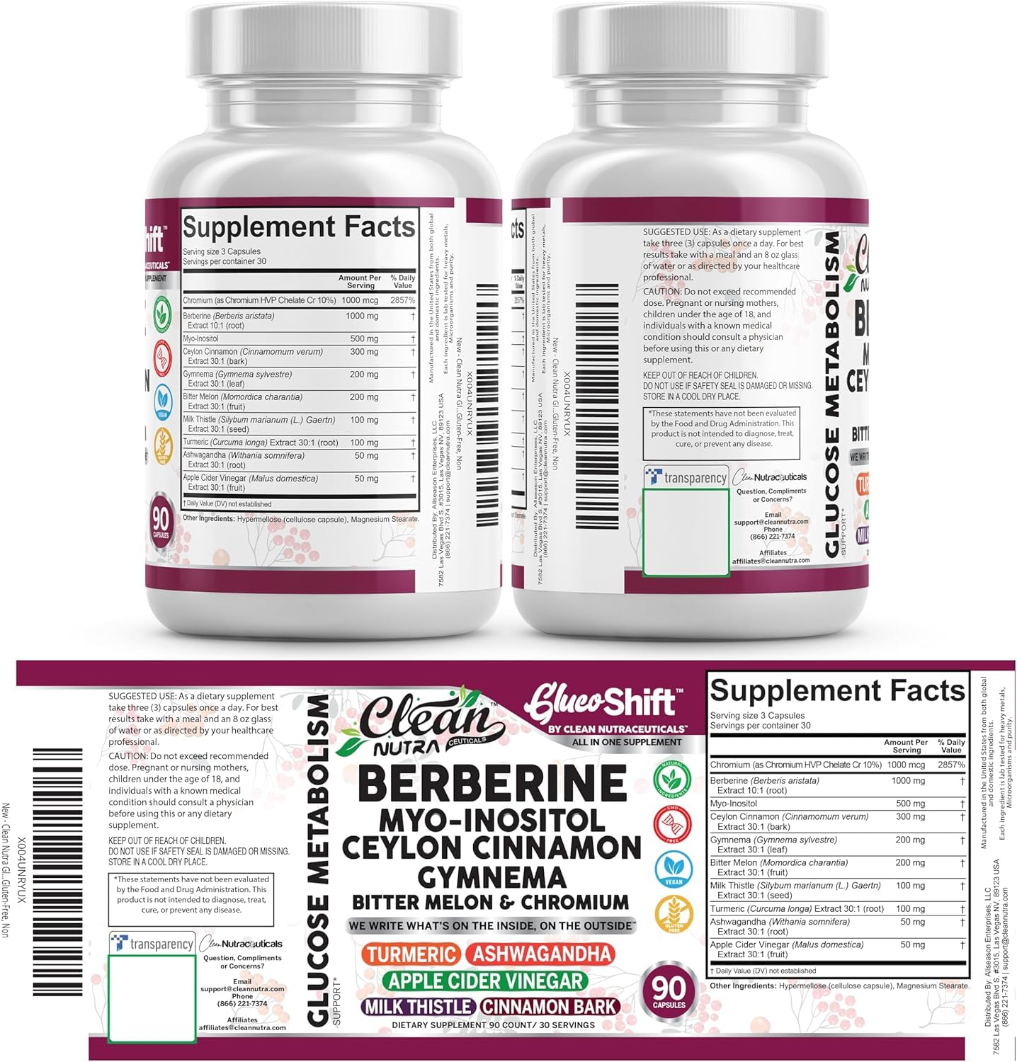 Clean Nutra Berberine Supplement Myo-Inositol Ceylon Cinnamon Gymnema Bitter Melon Chromium Complex for Digestion, Antioxidant Support & Wellness 90 Vegan Capsules Non-GMO - TrustMedUSA