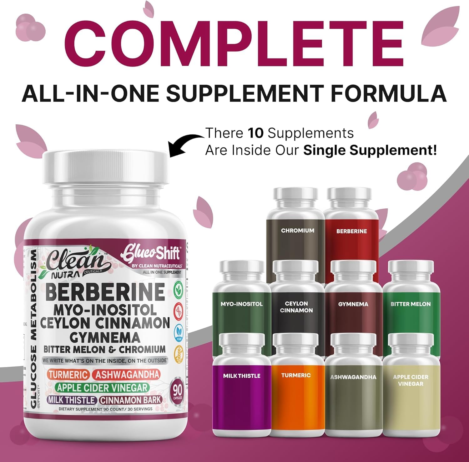 Clean Nutra Berberine Supplement Myo-Inositol Ceylon Cinnamon Gymnema Bitter Melon Chromium Complex for Digestion, Antioxidant Support & Wellness 90 Vegan Capsules Non-GMO - TrustMedUSA