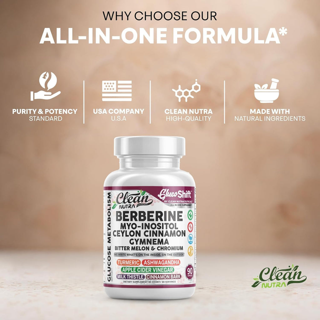 Clean Nutra Berberine Supplement Myo-Inositol Ceylon Cinnamon Gymnema Bitter Melon Chromium Complex for Digestion, Antioxidant Support & Wellness 90 Vegan Capsules Non-GMO - TrustMedUSA