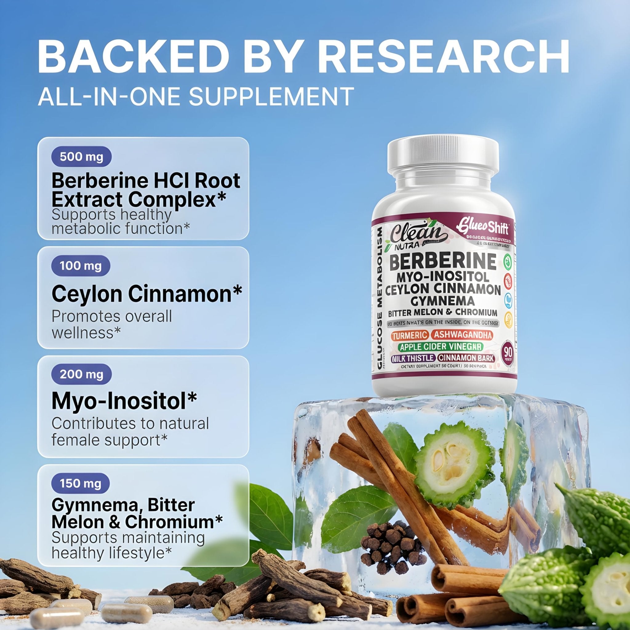 Clean Nutra Berberine Supplement Myo-Inositol Ceylon Cinnamon Gymnema Bitter Melon Chromium Complex for Digestion, Antioxidant Support & Wellness 90 Vegan Capsules Non-GMO - TrustMedUSA