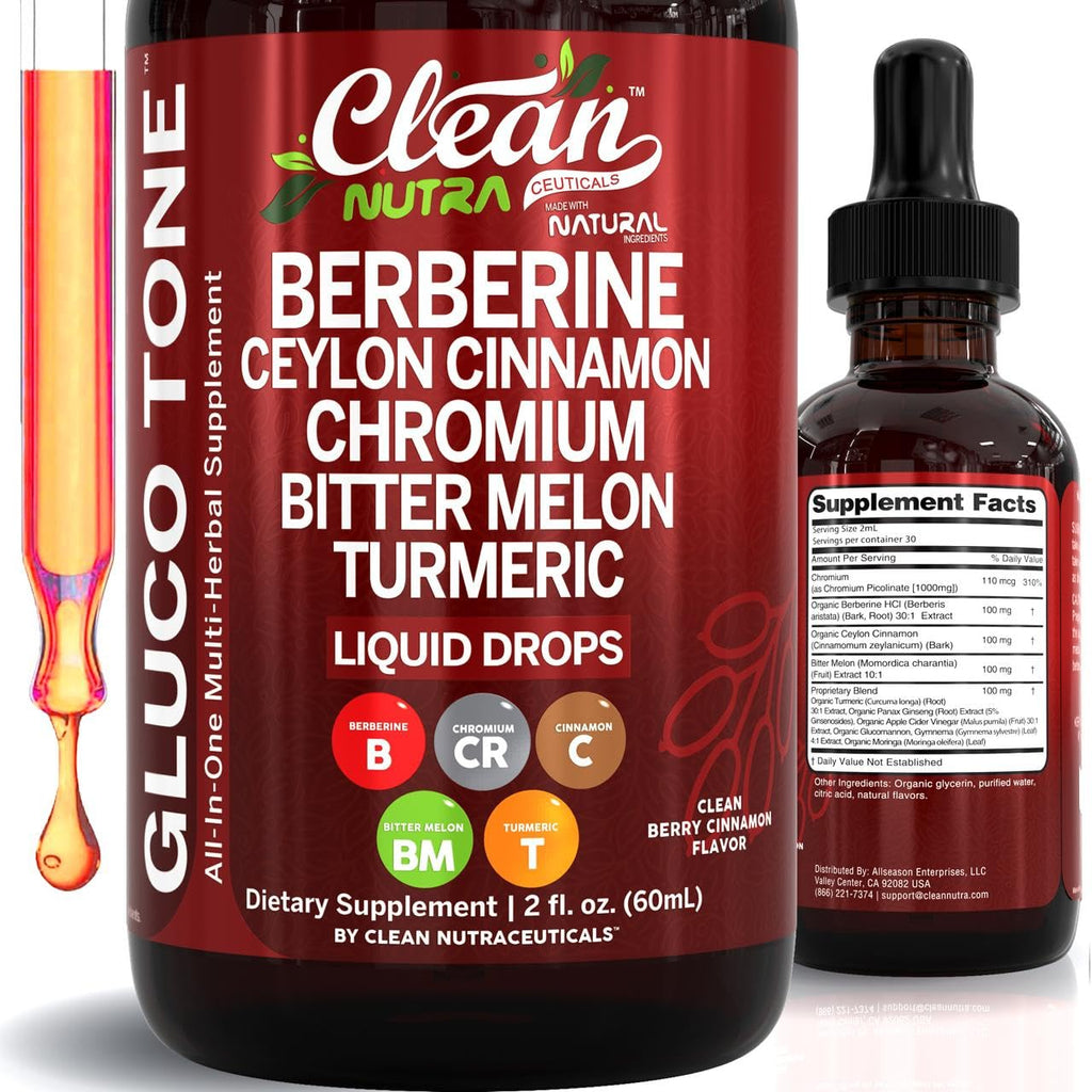 Clean Nutra Berberine with Ceylon Cinnamon Supplement Liquid Drops + Bitter Melon Extract, Glucomannan, Gymnema, Chromium - TrustMedUSA