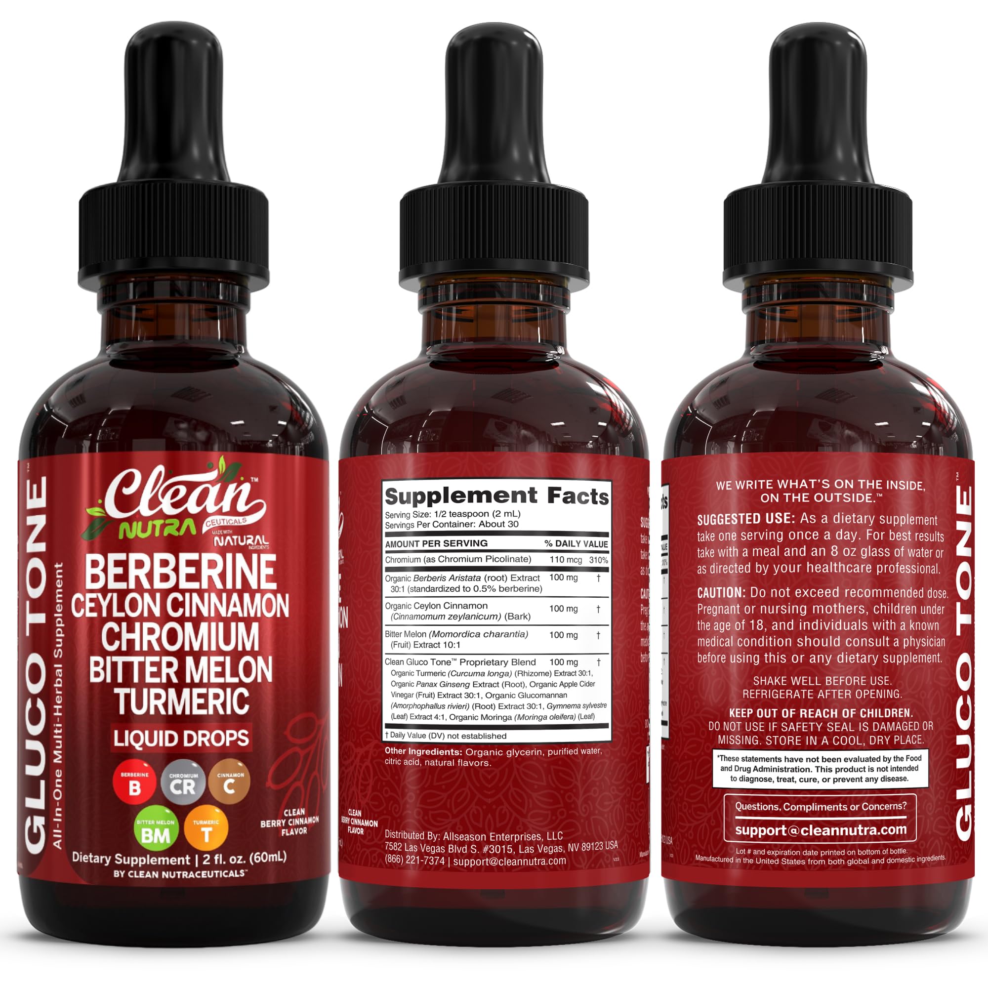 Clean Nutra Berberine with Ceylon Cinnamon Supplement Liquid Drops + Bitter Melon Extract, Glucomannan, Gymnema, Chromium - TrustMedUSA