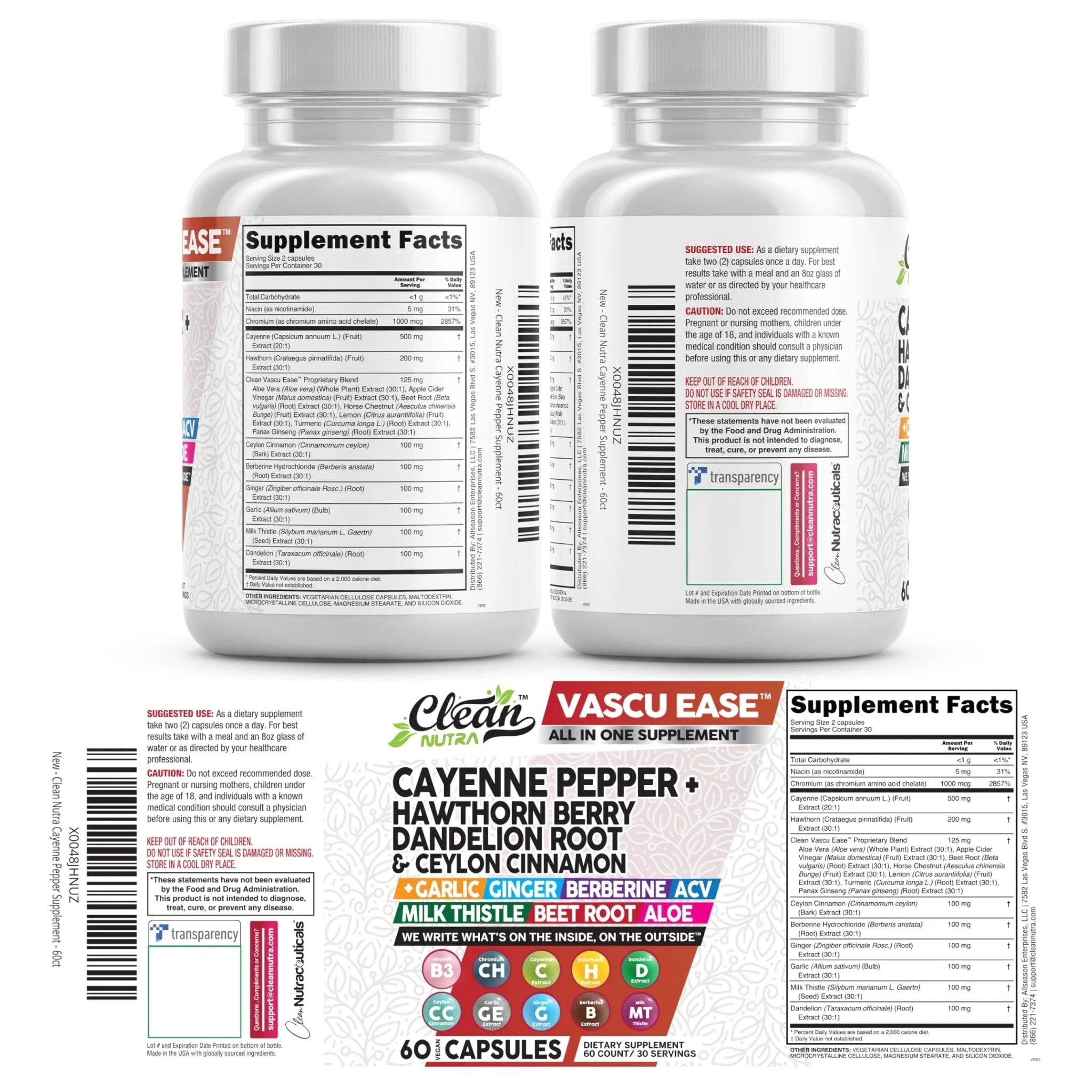 Clean Nutra Cayenne Pepper Capsules Supplement with Hawthorn Berry, Dandelion Root, Ceylon Cinnamon, Garlic, Ginger, Berberine, Apple Cider Vinegar, Milk Thistle, Beet Root, Aloe Vera Pills & More - TrustMedUSA
