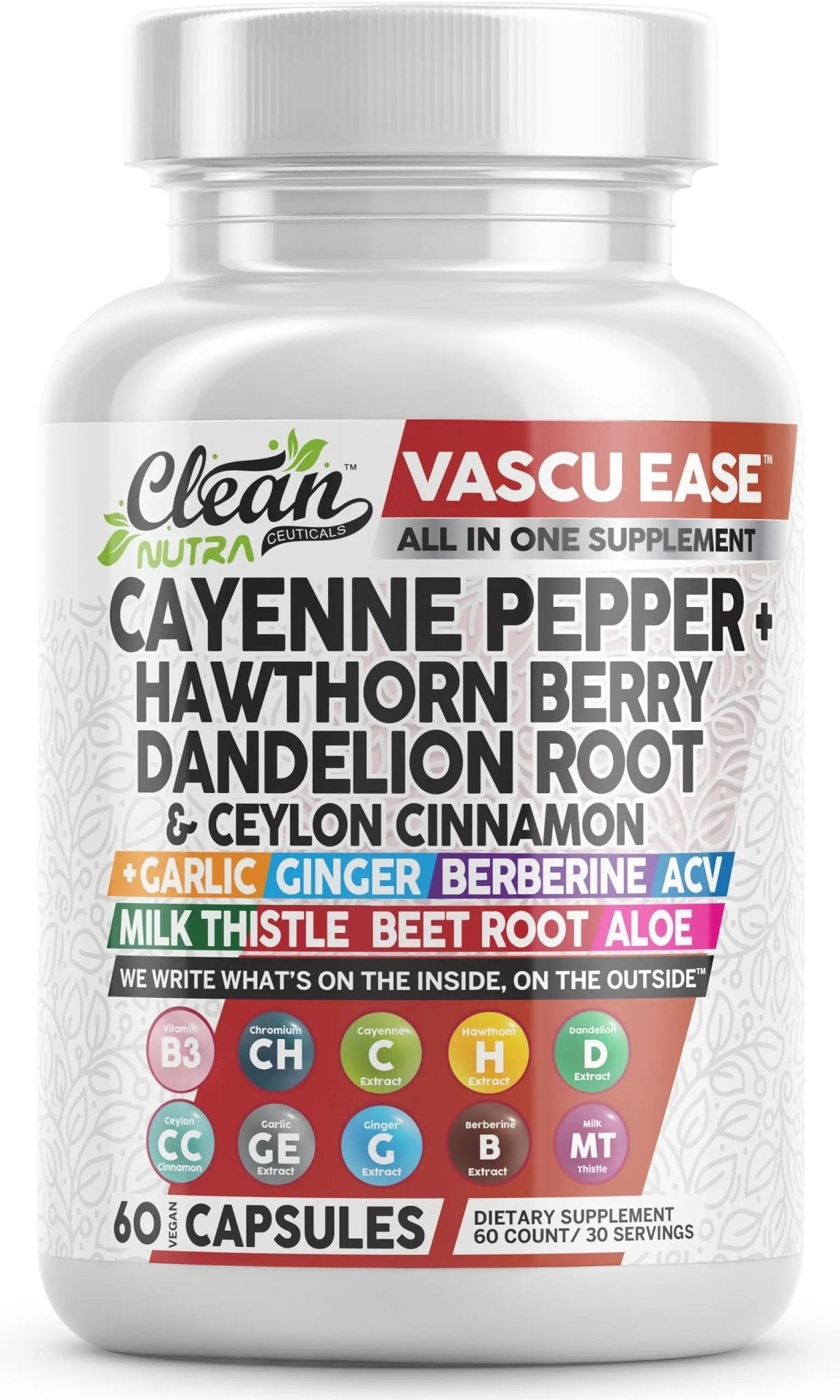 Clean Nutra Cayenne Pepper Capsules Supplement with Hawthorn Berry, Dandelion Root, Ceylon Cinnamon, Garlic, Ginger, Berberine, Apple Cider Vinegar, Milk Thistle, Beet Root, Aloe Vera Pills & More - TrustMedUSA