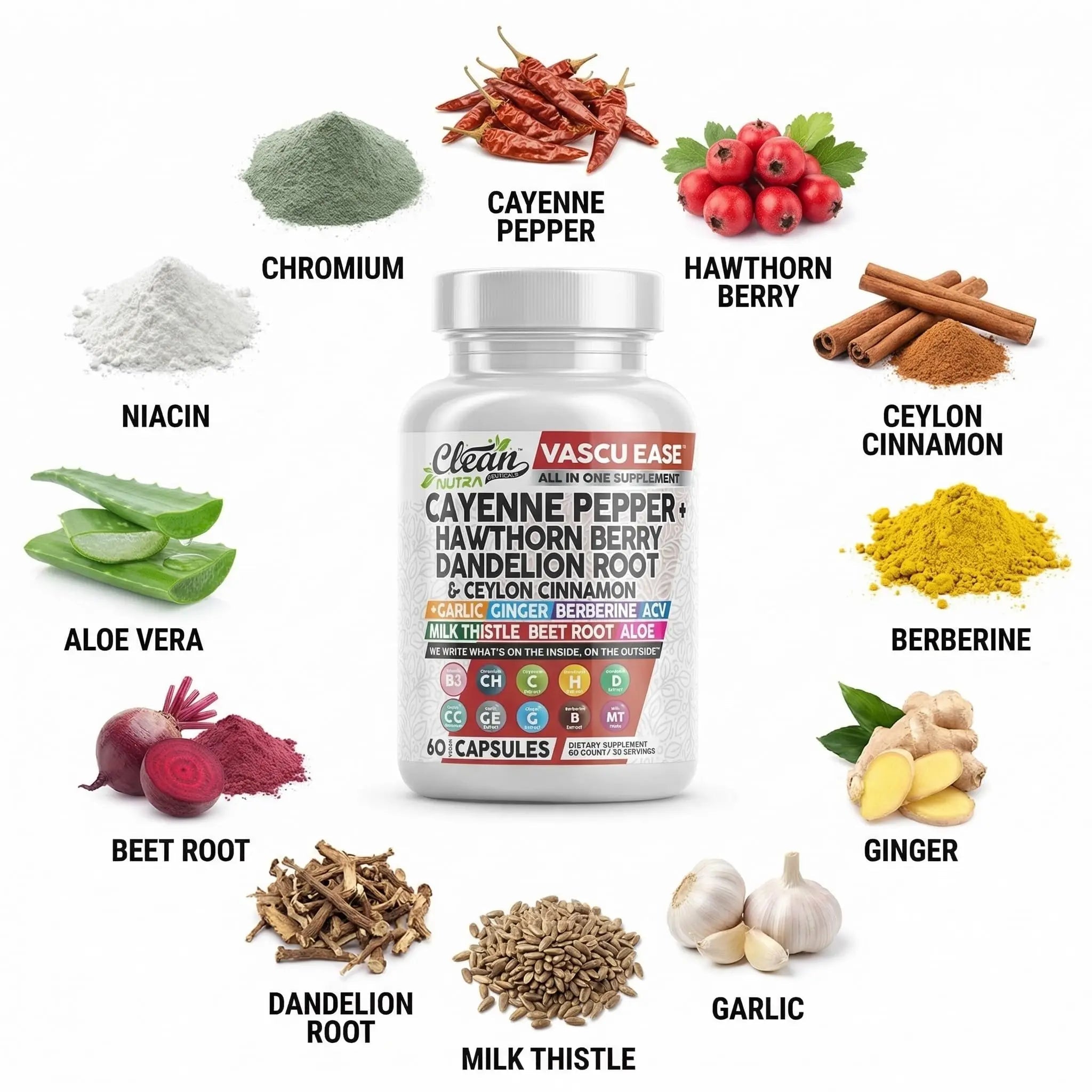Clean Nutra Cayenne Pepper Capsules Supplement with Hawthorn Berry, Dandelion Root, Ceylon Cinnamon, Garlic, Ginger, Berberine, Apple Cider Vinegar, Milk Thistle, Beet Root, Aloe Vera Pills & More - TrustMedUSA