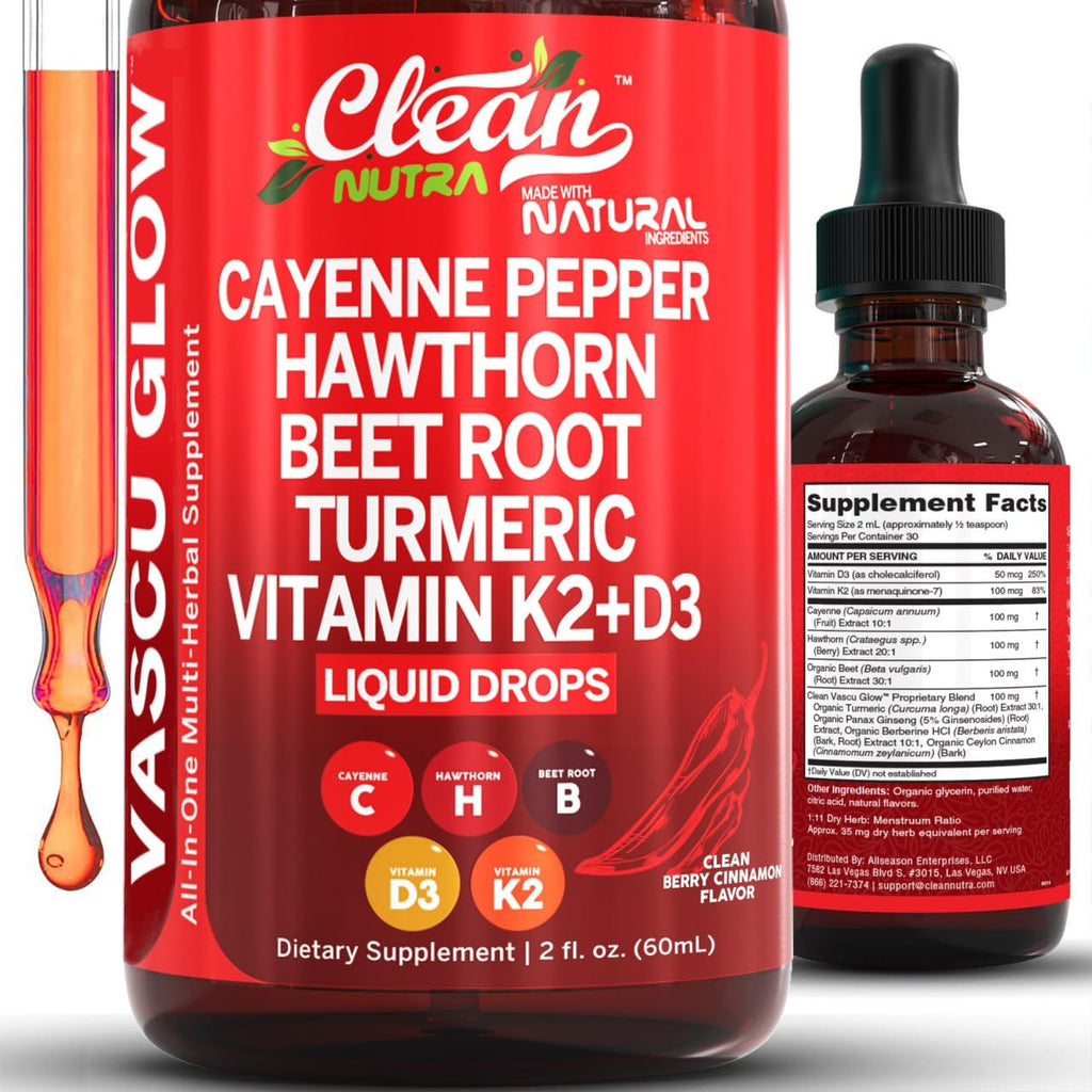 Clean Nutra Cayenne Pepper Drops Supplement Liquid + Hawthorn Berry, Vitamin D3 K2 Beet Root Powder, Ceylon Cinnamon, Turmeric Curcumin - TrustMedUSA
