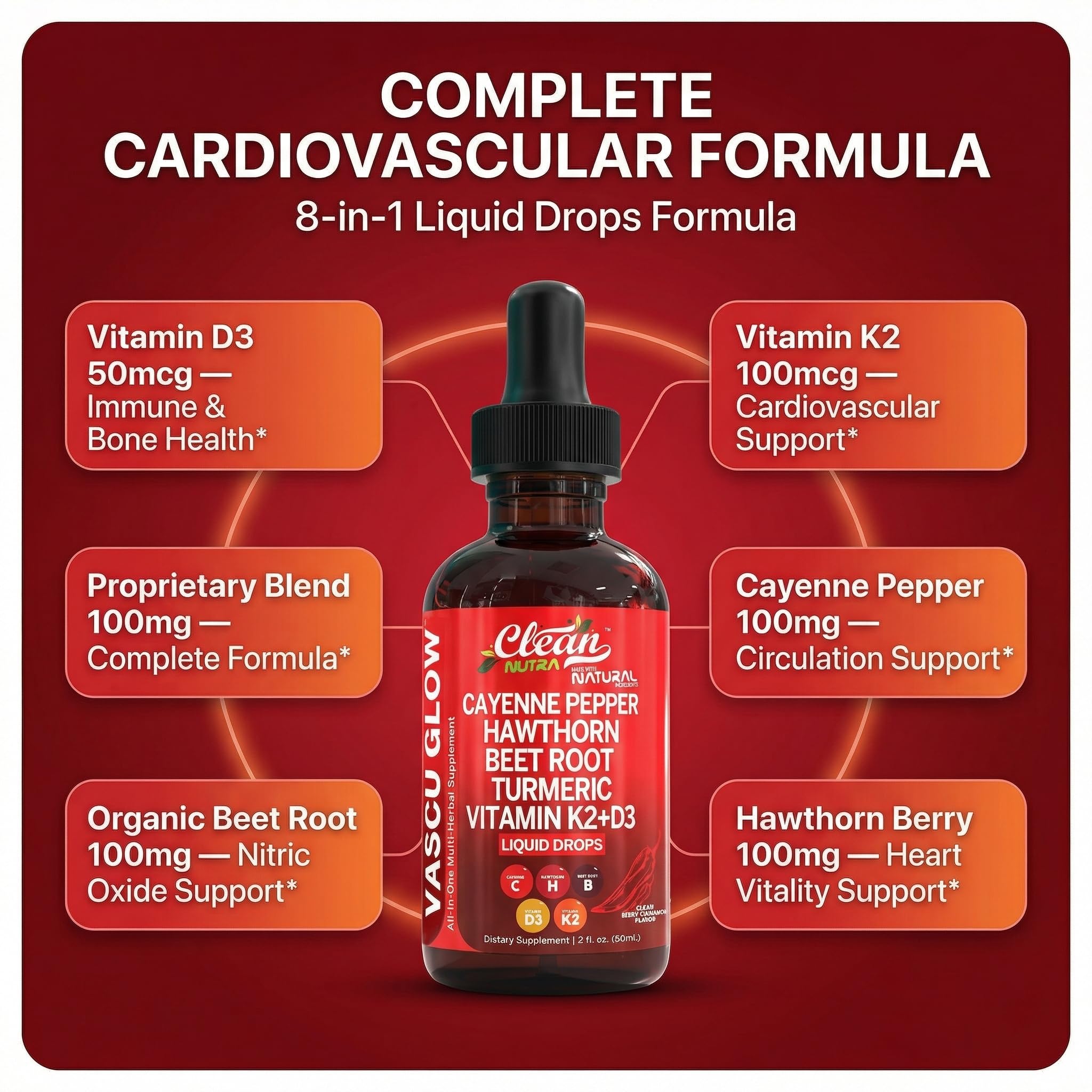 Clean Nutra Cayenne Pepper Drops Supplement Liquid + Hawthorn Berry, Vitamin D3 K2 Beet Root Powder, Ceylon Cinnamon, Turmeric Curcumin - TrustMedUSA