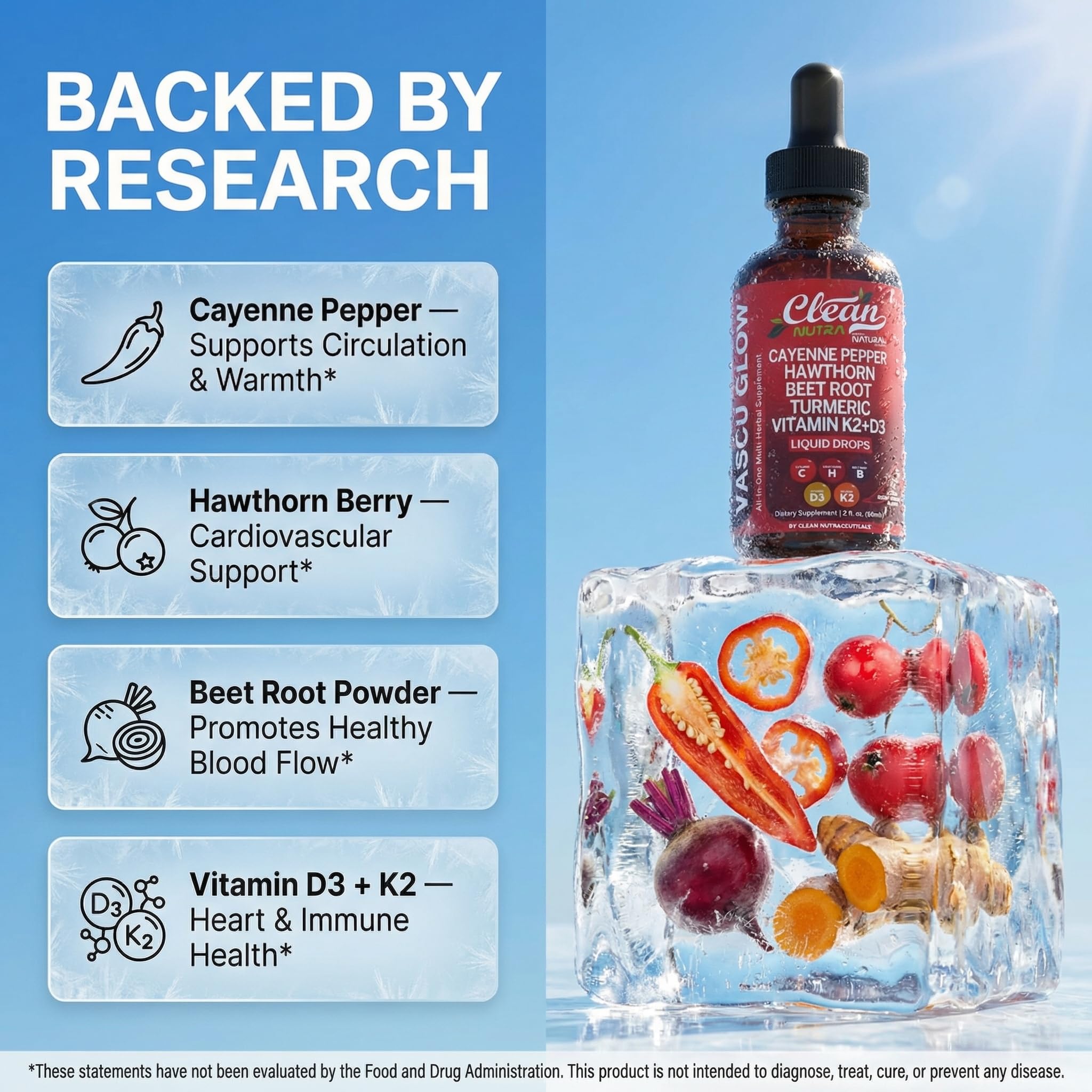 Clean Nutra Cayenne Pepper Drops Supplement Liquid + Hawthorn Berry, Vitamin D3 K2 Beet Root Powder, Ceylon Cinnamon, Turmeric Curcumin - TrustMedUSA
