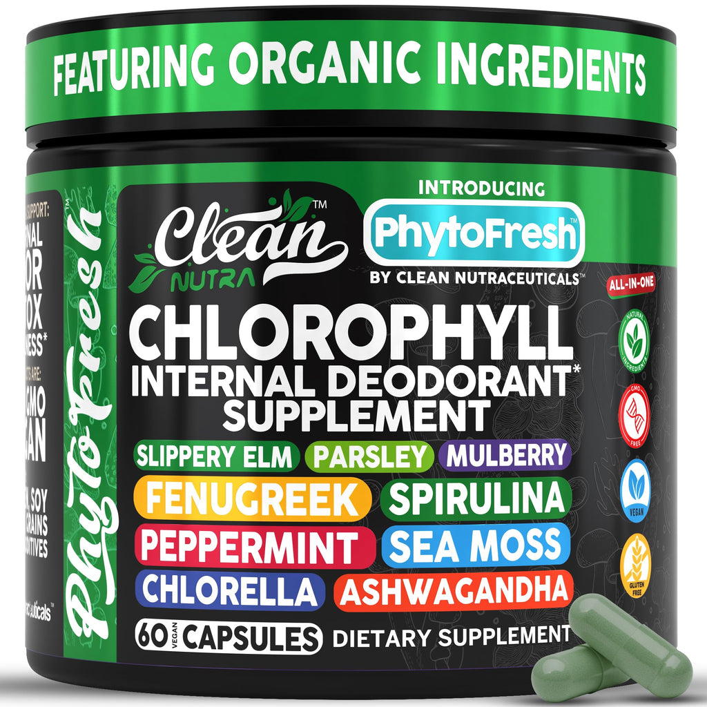 Clean Nutra Chlorophyll Capsules Supplement Internal Deodorant Peppermint, Sea Moss, Parsley, Chlorella, Spirulina, Slippery Elm, Ashwagandha, PhytoFresh Greens Detox Pills - TrustMedUSA