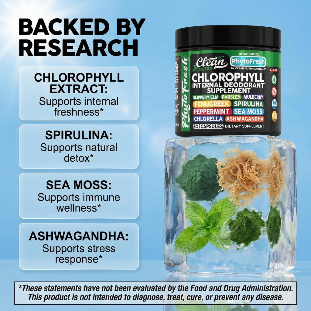 Clean Nutra Chlorophyll Capsules Supplement Internal Deodorant Peppermint, Sea Moss, Parsley, Chlorella, Spirulina, Slippery Elm, Ashwagandha, PhytoFresh Greens Detox Pills - TrustMedUSA