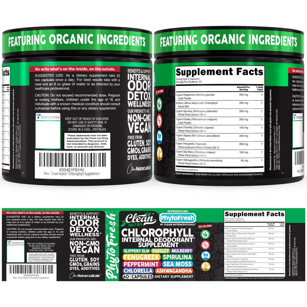 Clean Nutra Chlorophyll Capsules Supplement Internal Deodorant Peppermint, Sea Moss, Parsley, Chlorella, Spirulina, Slippery Elm, Ashwagandha, PhytoFresh Greens Detox Pills - TrustMedUSA