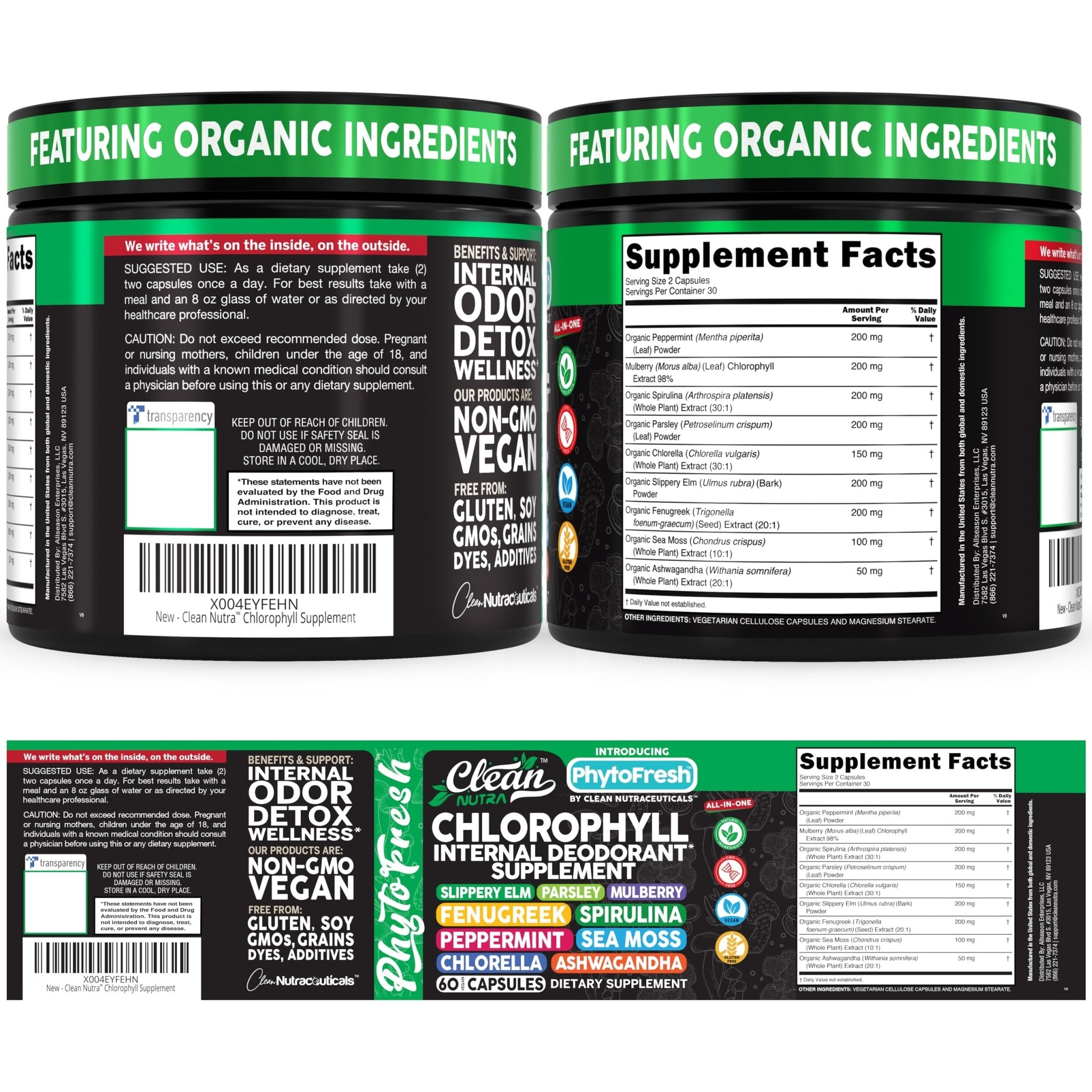 Clean Nutra Chlorophyll Capsules Supplement Internal Deodorant Peppermint, Sea Moss, Parsley, Chlorella, Spirulina, Slippery Elm, Ashwagandha, PhytoFresh Greens Detox Pills - TrustMedUSA