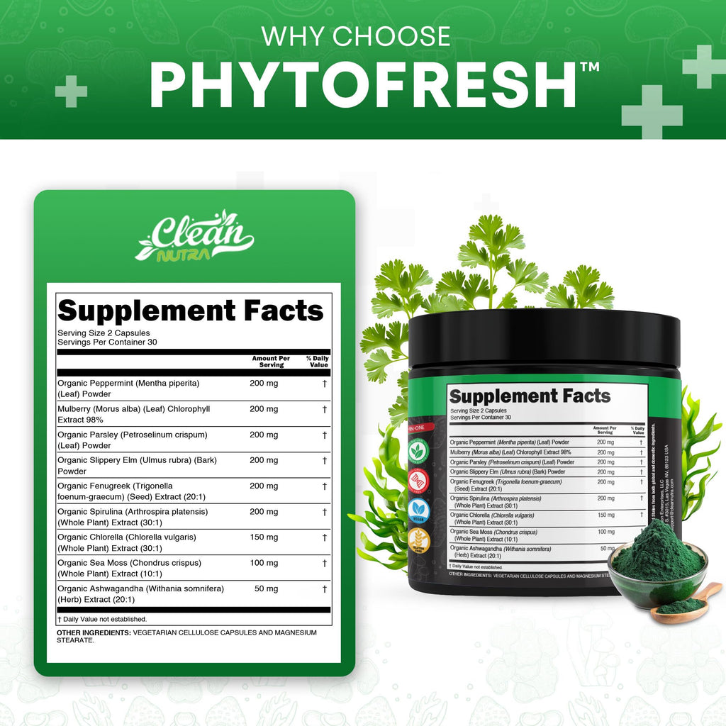 Clean Nutra Chlorophyll Capsules Supplement Internal Deodorant Peppermint, Sea Moss, Parsley, Chlorella, Spirulina, Slippery Elm, Ashwagandha, PhytoFresh Greens Detox Pills - TrustMedUSA