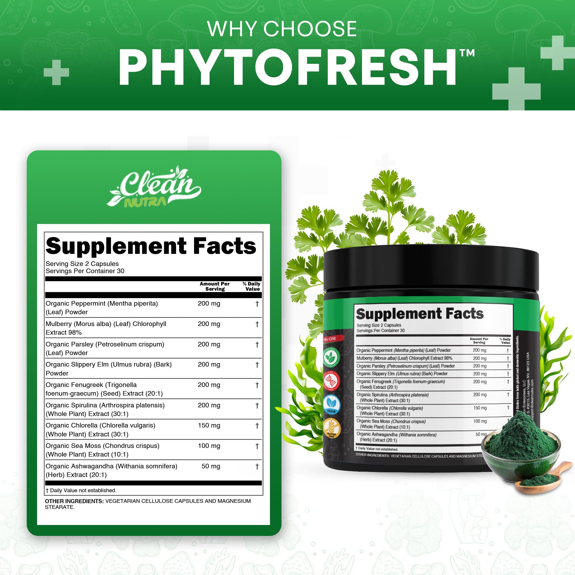 Clean Nutra Chlorophyll Capsules Supplement Internal Deodorant Peppermint, Sea Moss, Parsley, Chlorella, Spirulina, Slippery Elm, Ashwagandha, PhytoFresh Greens Detox Pills - TrustMedUSA
