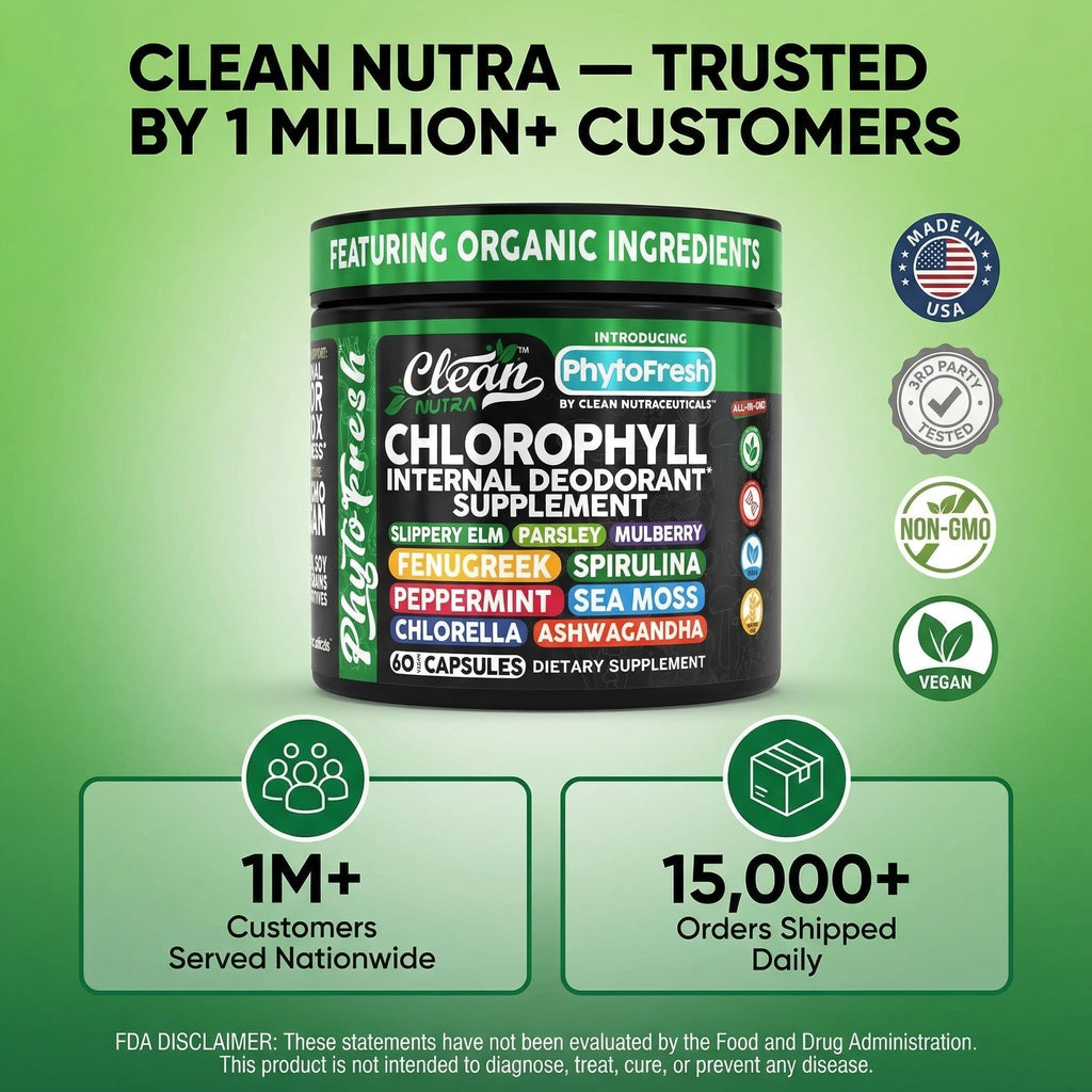 Clean Nutra Chlorophyll Capsules Supplement Internal Deodorant Peppermint, Sea Moss, Parsley, Chlorella, Spirulina, Slippery Elm, Ashwagandha, PhytoFresh Greens Detox Pills - TrustMedUSA