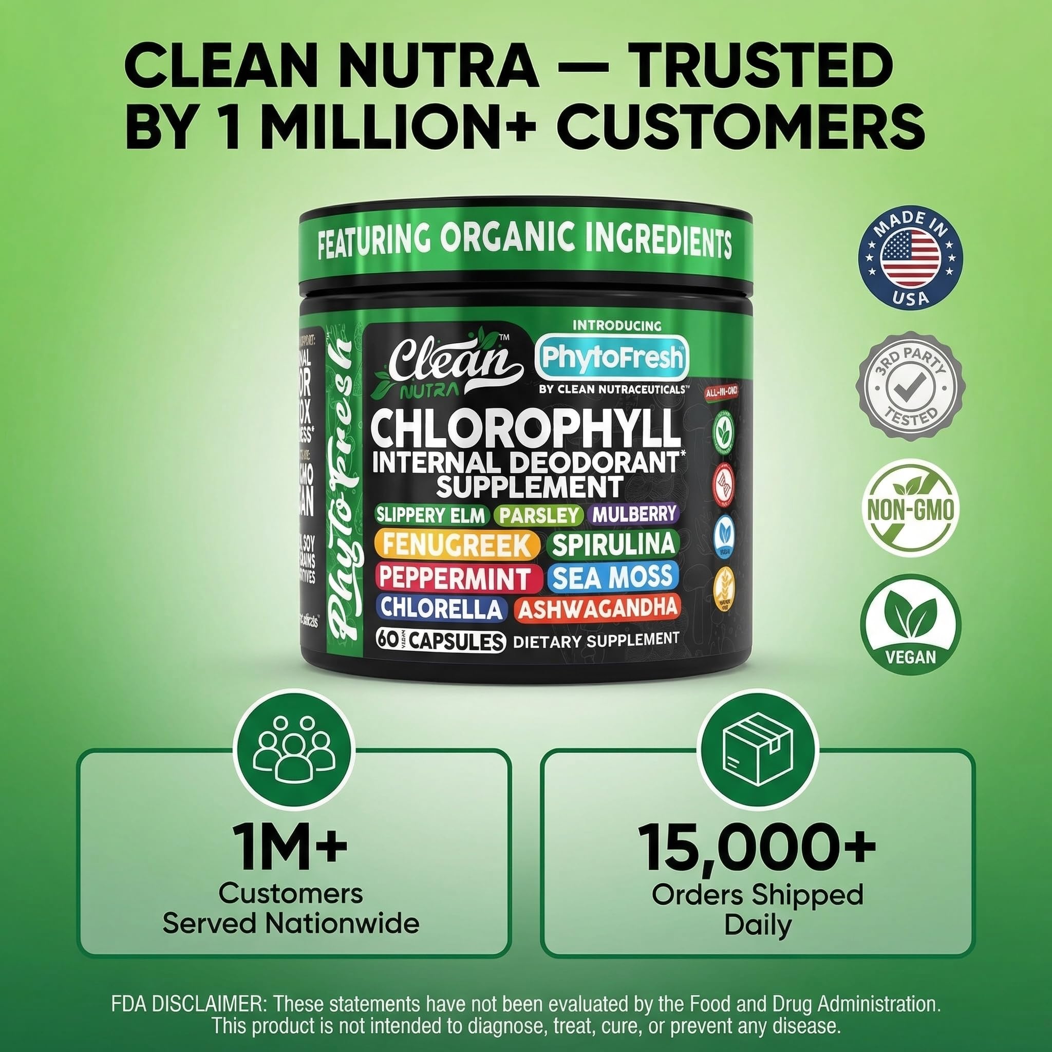 Clean Nutra Chlorophyll Capsules Supplement Internal Deodorant Peppermint, Sea Moss, Parsley, Chlorella, Spirulina, Slippery Elm, Ashwagandha, PhytoFresh Greens Detox Pills - TrustMedUSA