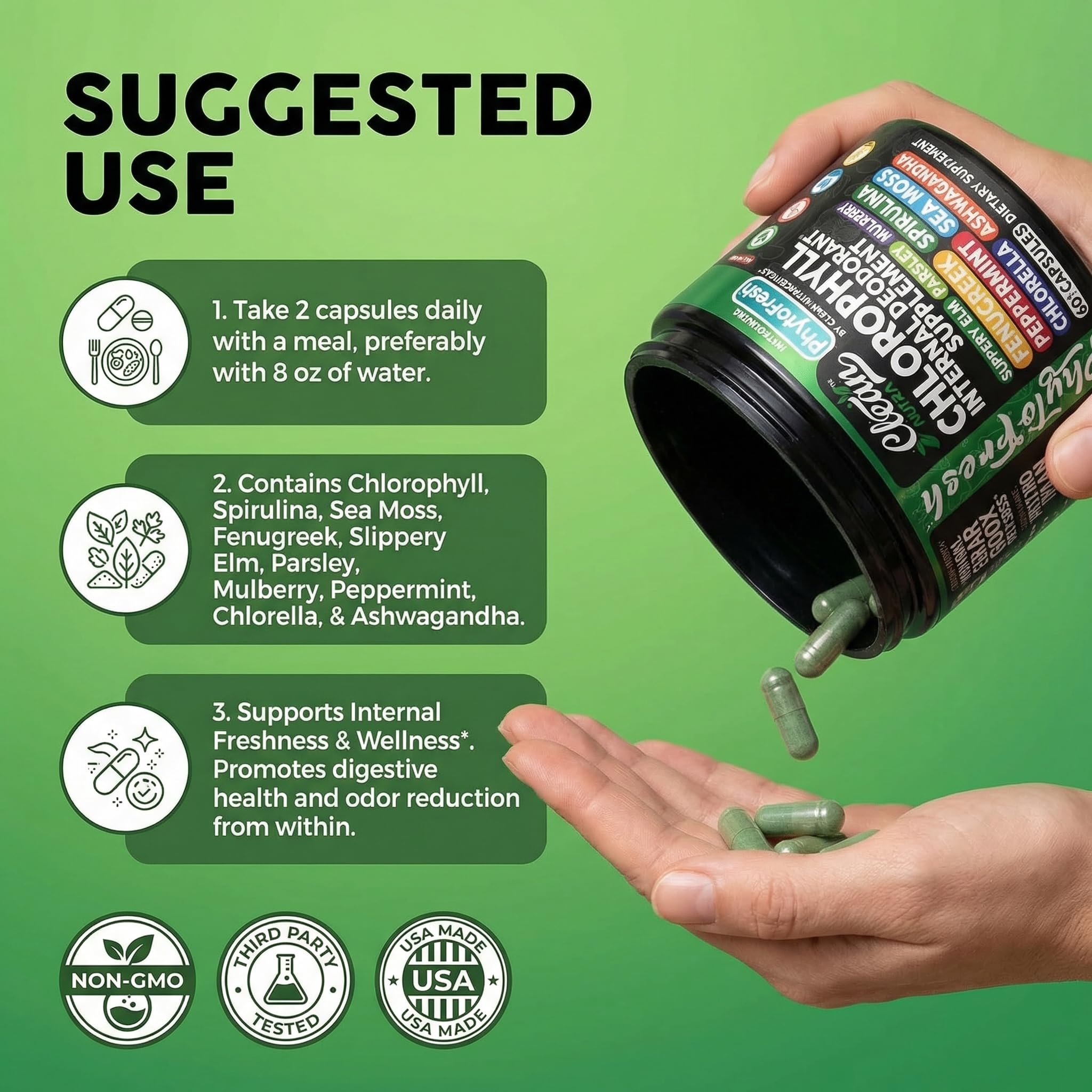 Clean Nutra Chlorophyll Capsules Supplement Internal Deodorant Peppermint, Sea Moss, Parsley, Chlorella, Spirulina, Slippery Elm, Ashwagandha, PhytoFresh Greens Detox Pills - TrustMedUSA