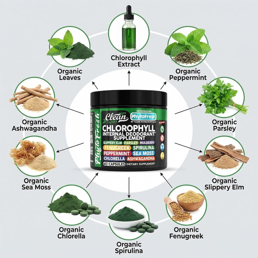 Clean Nutra Chlorophyll Capsules Supplement Internal Deodorant Peppermint, Sea Moss, Parsley, Chlorella, Spirulina, Slippery Elm, Ashwagandha, PhytoFresh Greens Detox Pills - TrustMedUSA