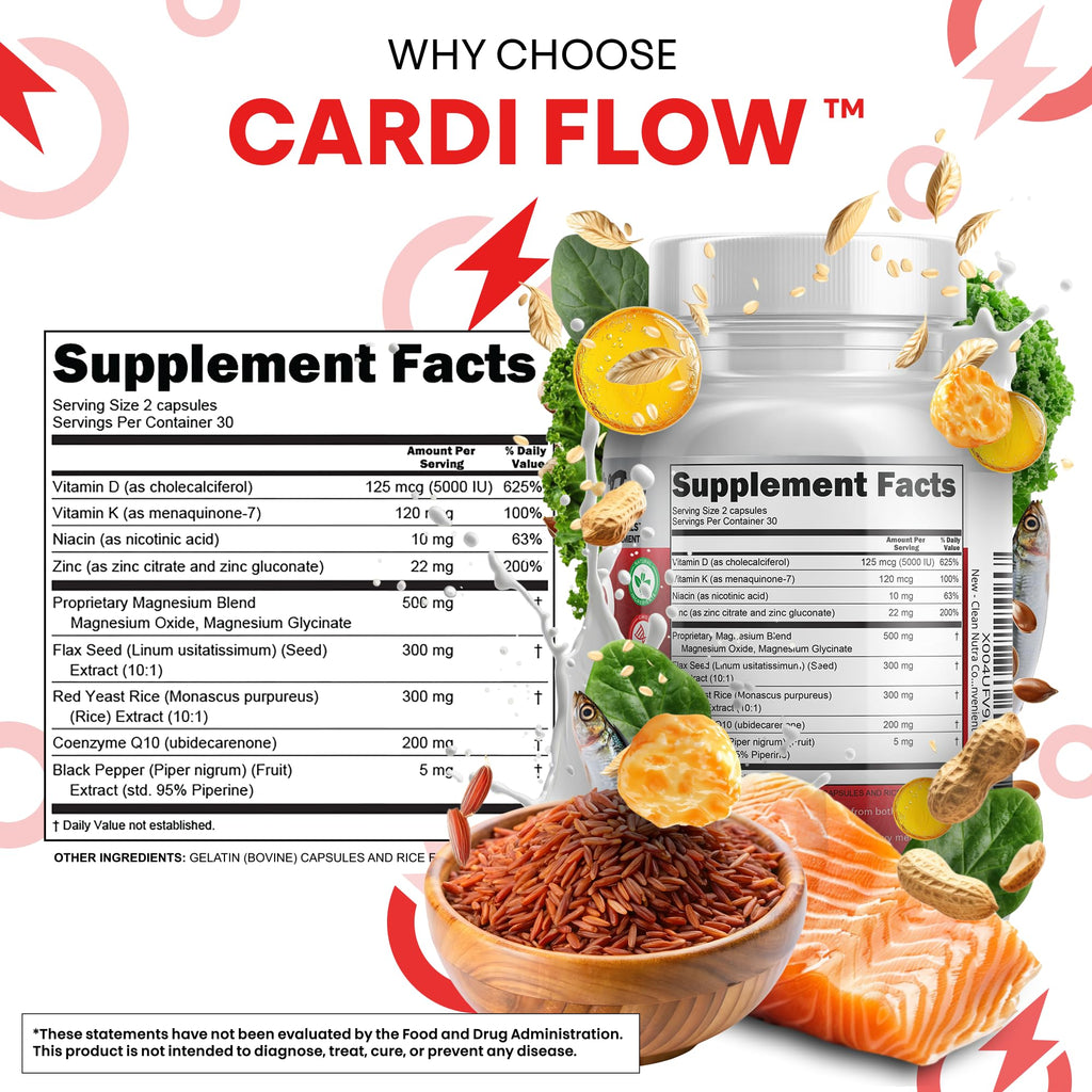 Clean Nutra CoQ10 Red Yeast Rice Magnesium Glycinate Vitamin K2 D3 Niacin Zinc Flax Seed Omega 3 Capsules 60 Count All in One Formula Premium Ingredients Dietary Supplement - TrustMedUSA
