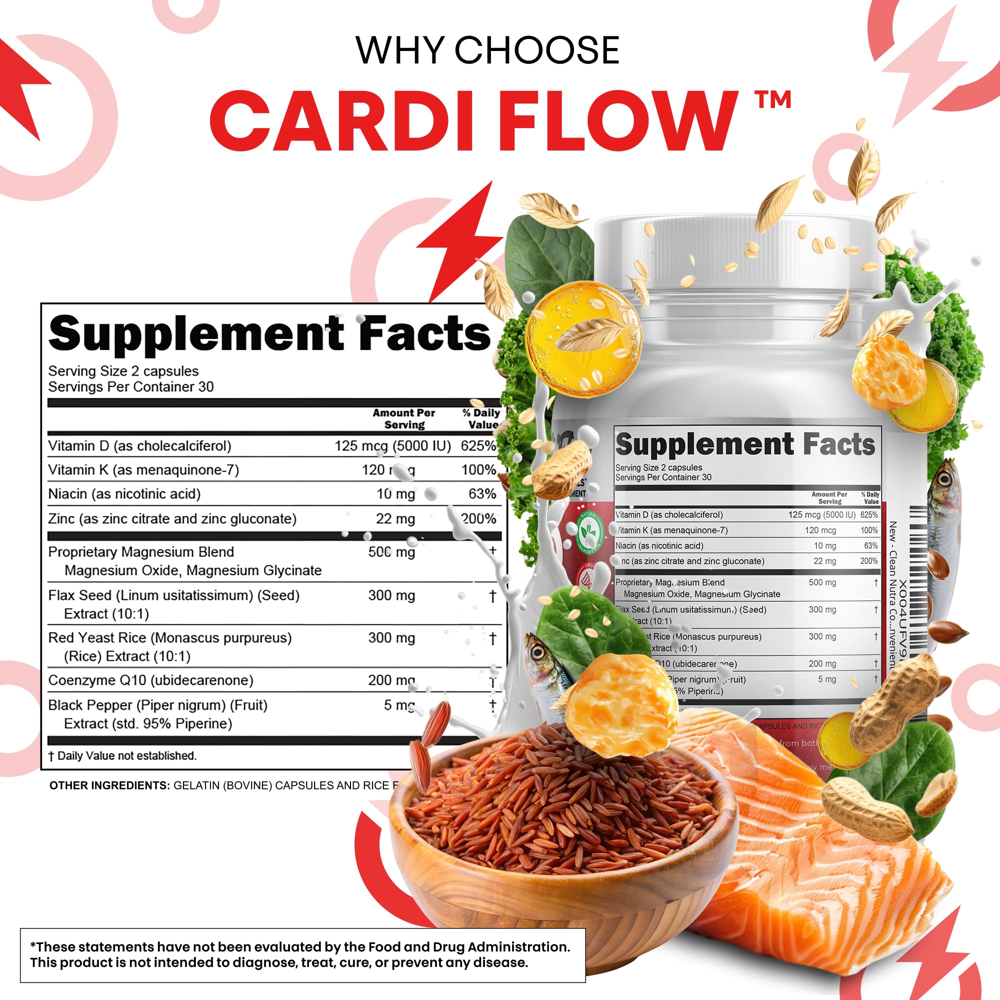 Clean Nutra CoQ10 Red Yeast Rice Magnesium Glycinate Vitamin K2 D3 Niacin Zinc Flax Seed Omega 3 Capsules 60 Count All in One Formula Premium Ingredients Dietary Supplement - TrustMedUSA
