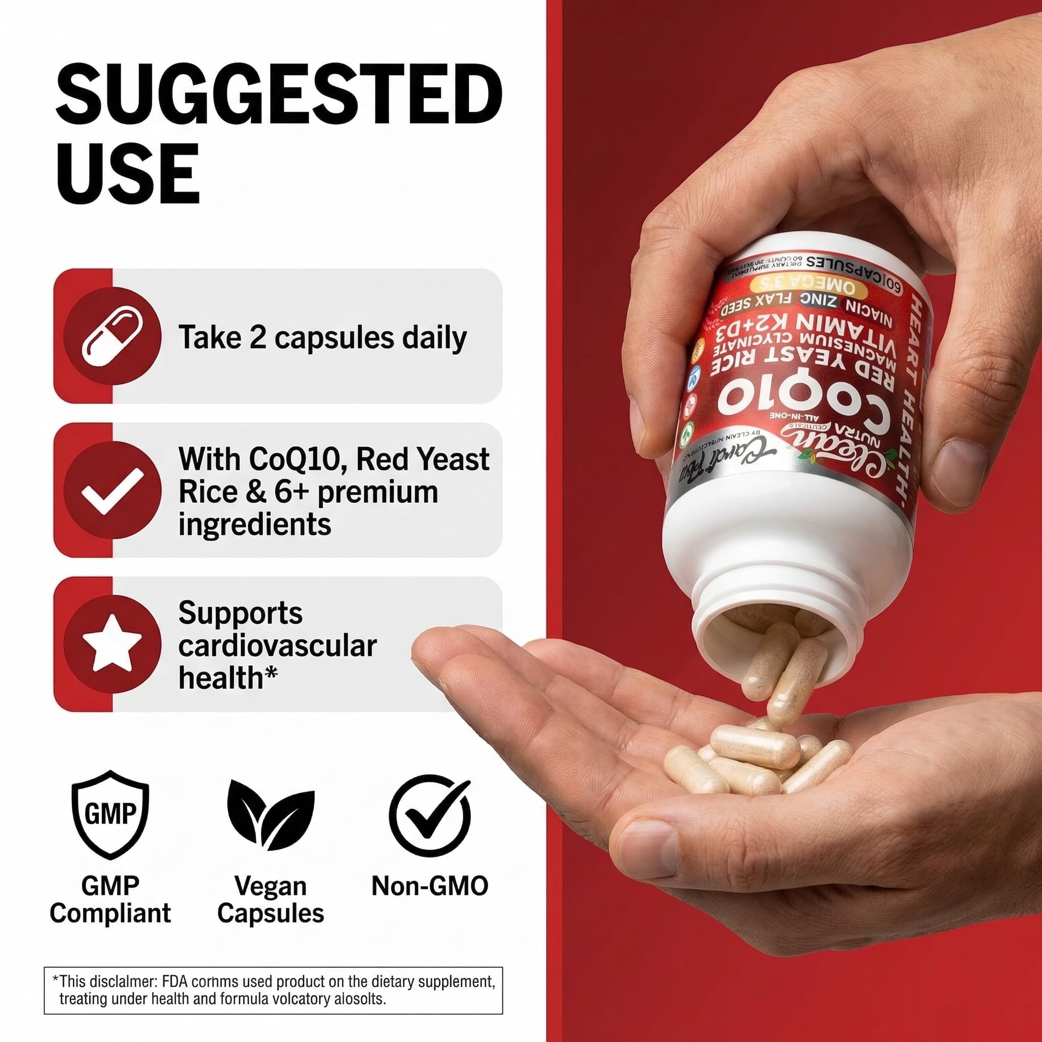 Clean Nutra CoQ10 Red Yeast Rice Magnesium Glycinate Vitamin K2 D3 Niacin Zinc Flax Seed Omega 3 Capsules 60 Count All in One Formula Premium Ingredients Dietary Supplement - TrustMedUSA