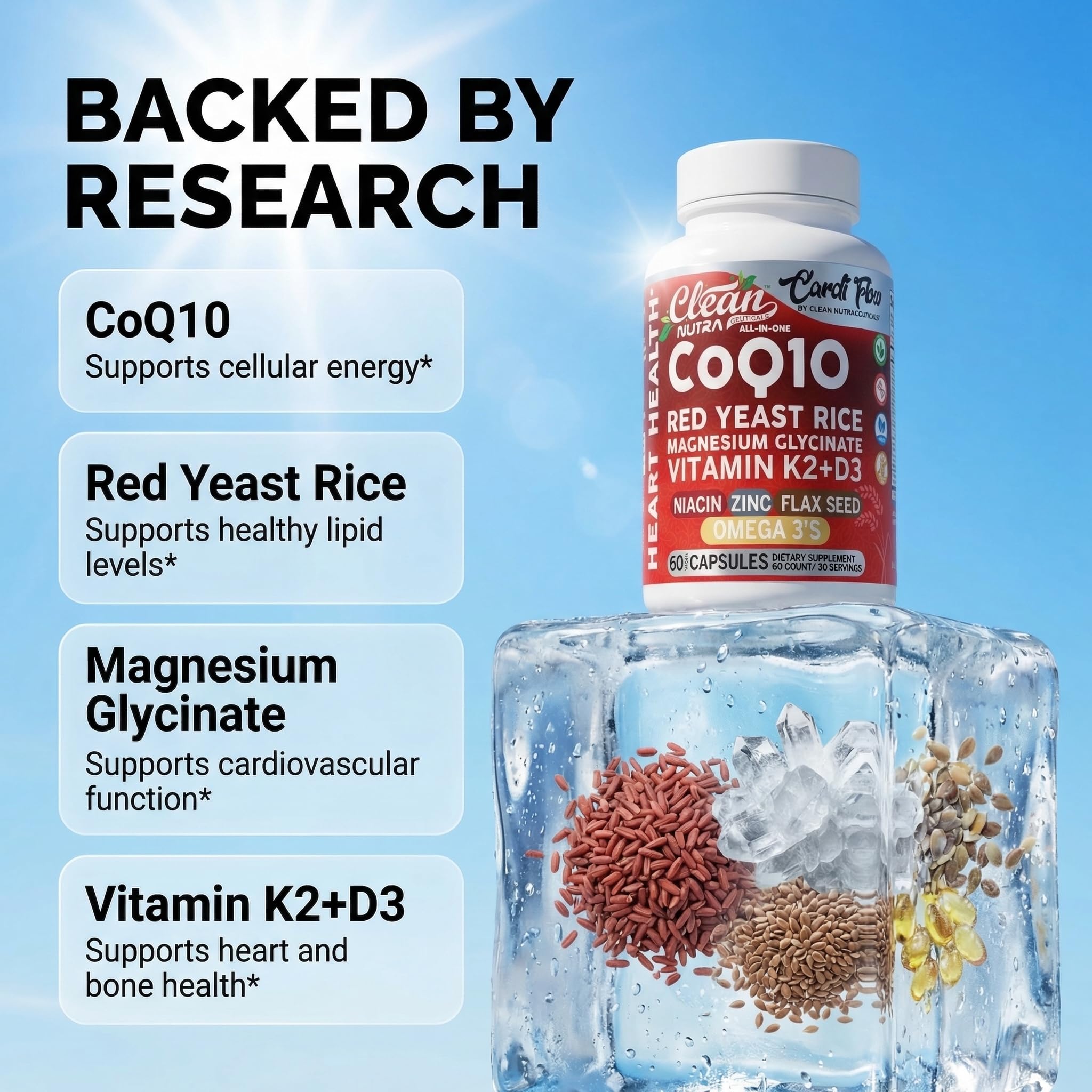 Clean Nutra CoQ10 Red Yeast Rice Magnesium Glycinate Vitamin K2 D3 Niacin Zinc Flax Seed Omega 3 Capsules 60 Count All in One Formula Premium Ingredients Dietary Supplement - TrustMedUSA
