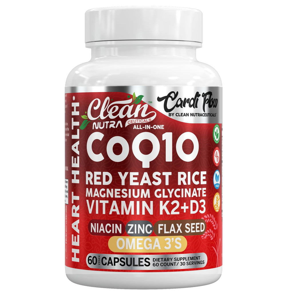 Clean Nutra CoQ10 Red Yeast Rice Magnesium Glycinate Vitamin K2 D3 Niacin Zinc Flax Seed Omega 3 Capsules 60 Count All in One Formula Premium Ingredients Dietary Supplement - TrustMedUSA