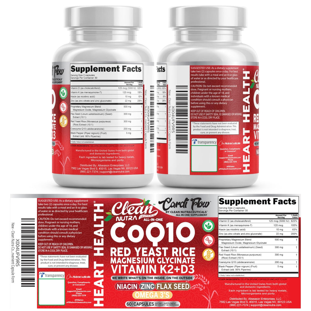 Clean Nutra CoQ10 Red Yeast Rice Magnesium Glycinate Vitamin K2 D3 Niacin Zinc Flax Seed Omega 3 Capsules 60 Count All in One Formula Premium Ingredients Dietary Supplement - TrustMedUSA